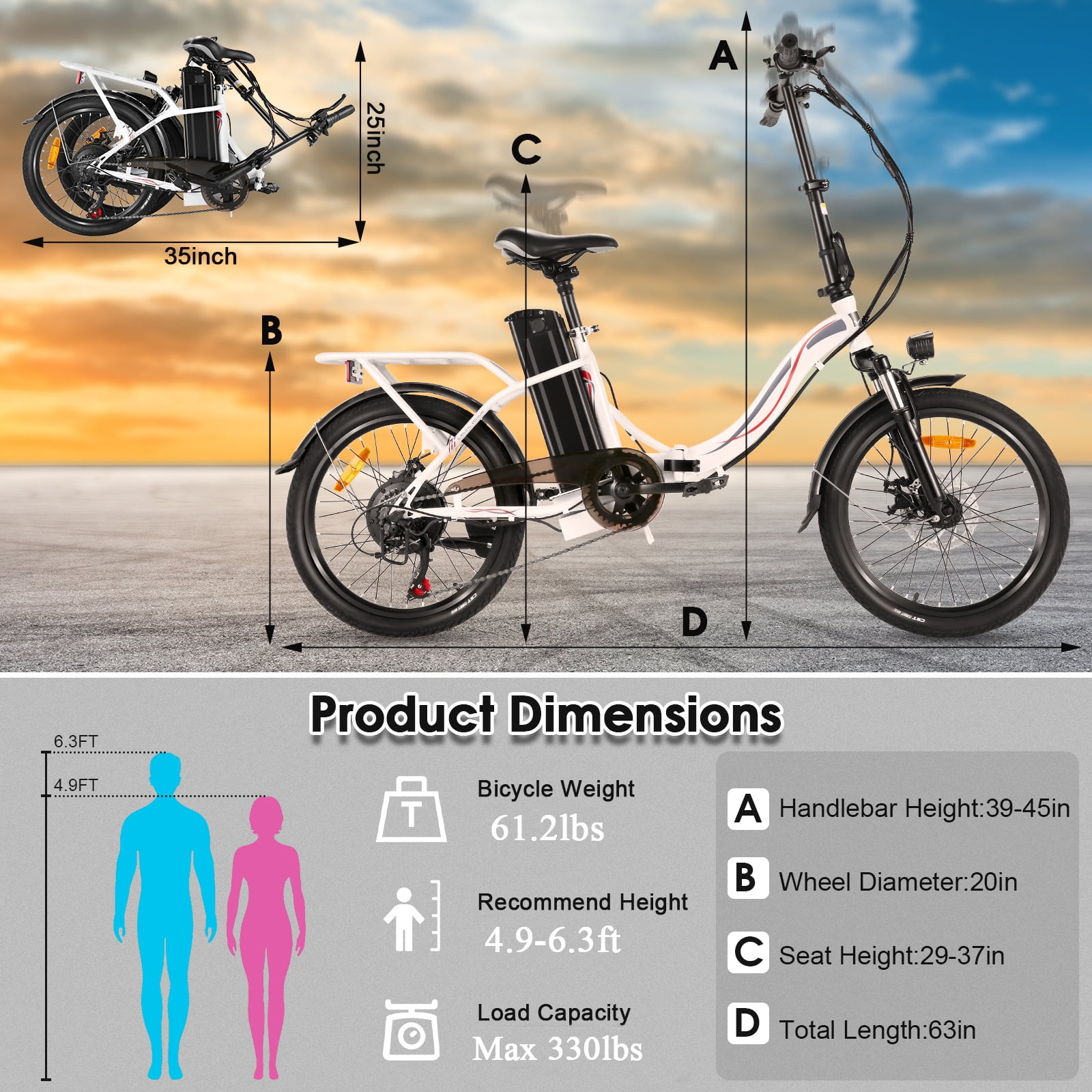 Elifine 500W Folding Electric Bike for Adults, 20