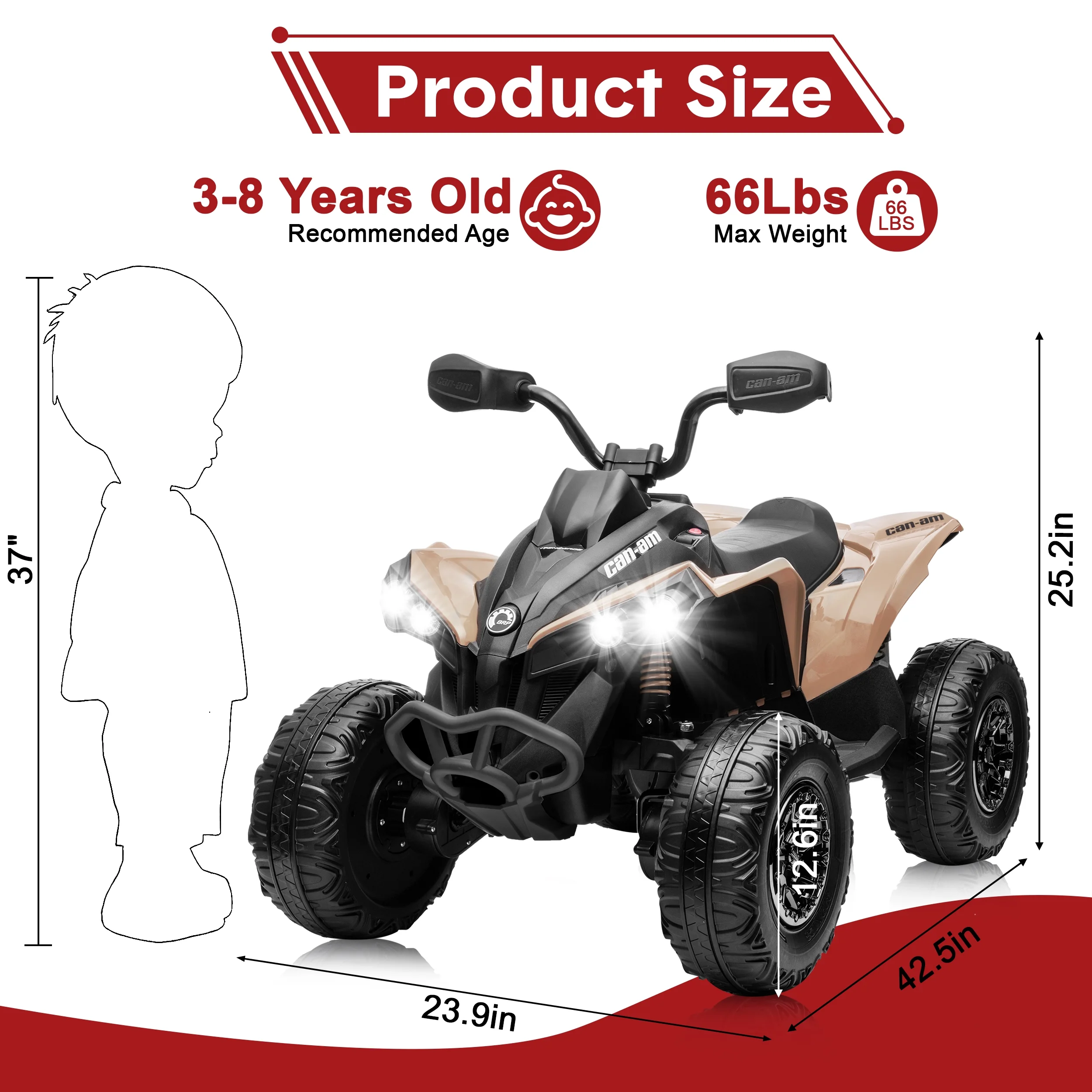 Joyracer 24V Ride on Toys, 4 Wheeler ATV for Kids with 2 Seater, 4x200W Motors, 4WD/2WD Switchable, Khaki - Womvr