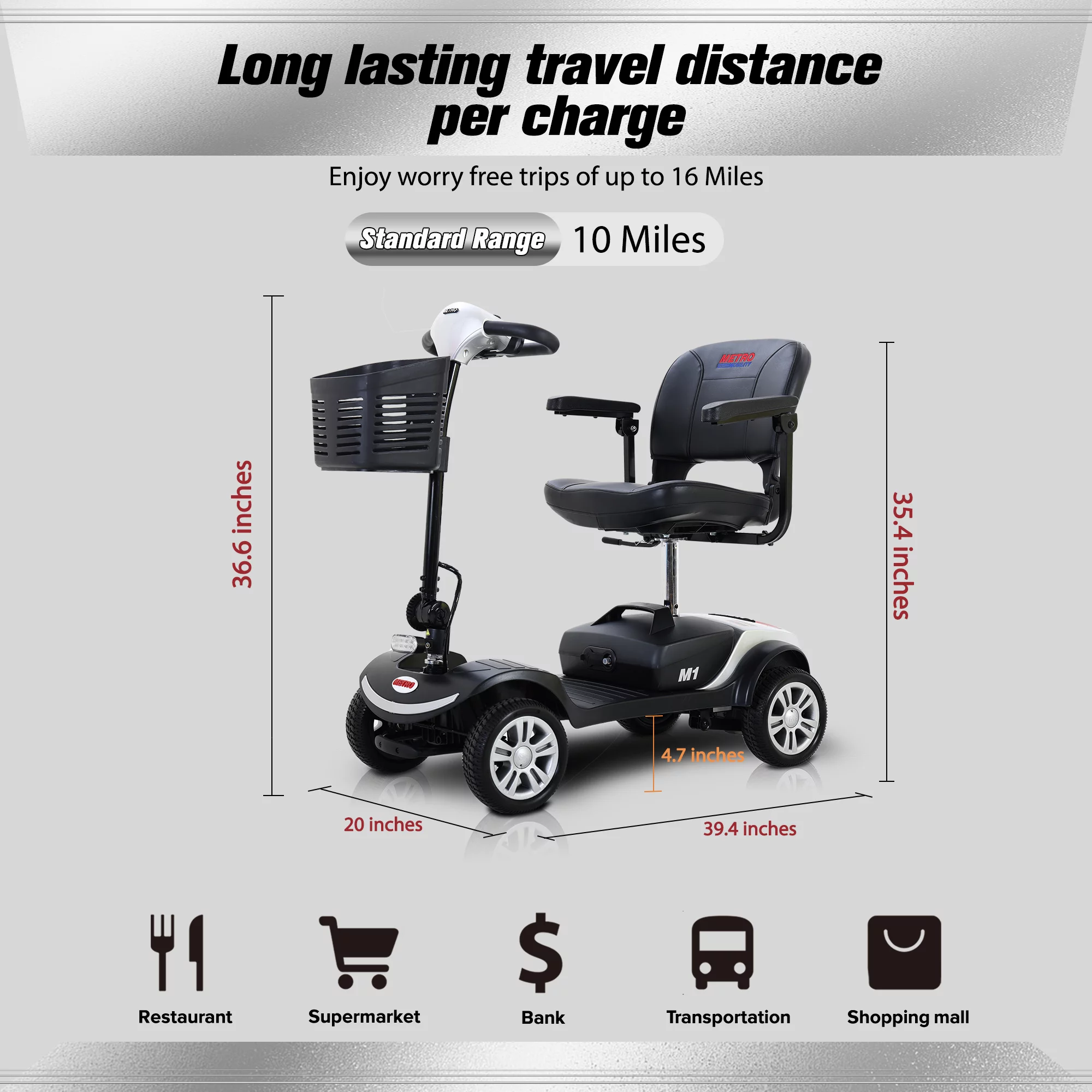 Electric Mobility Scooter for Adults and Seniors - 300 lbs Max Weight, 4-Wheel Powered Mobility Scooters Wheelchair Device for Travel, Elderly (with Head Light-White) - Womvr