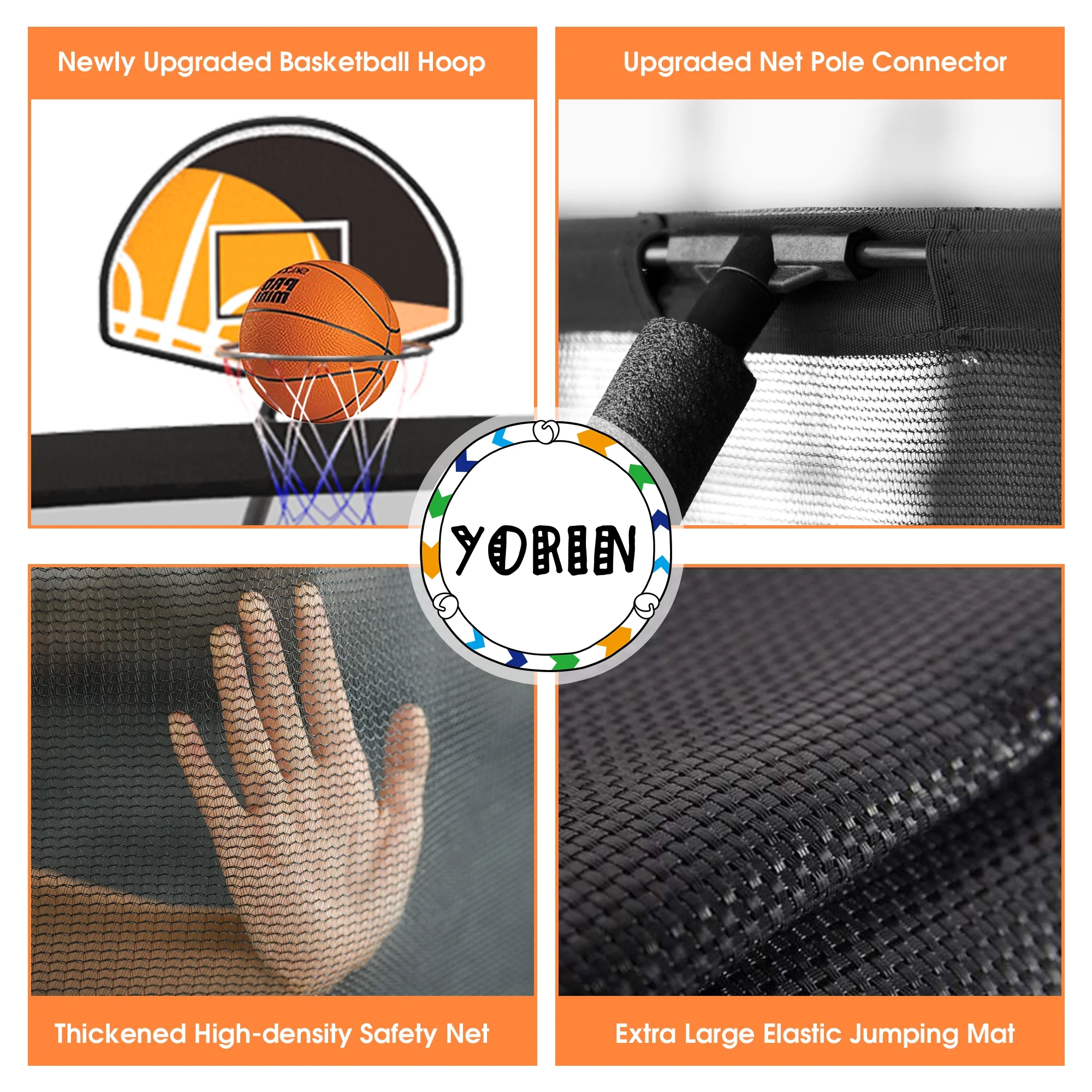 YORIN Trampoline for 2-3 Kids, 8FT 10FT Trampoline for Adults with Enclosure Net, Basketball Hoop, Ladder, 800LBS Outdoor Recreational Trampoline with Light, Sprinkler, Socks, Heavy Duty Trampoline - Womvr