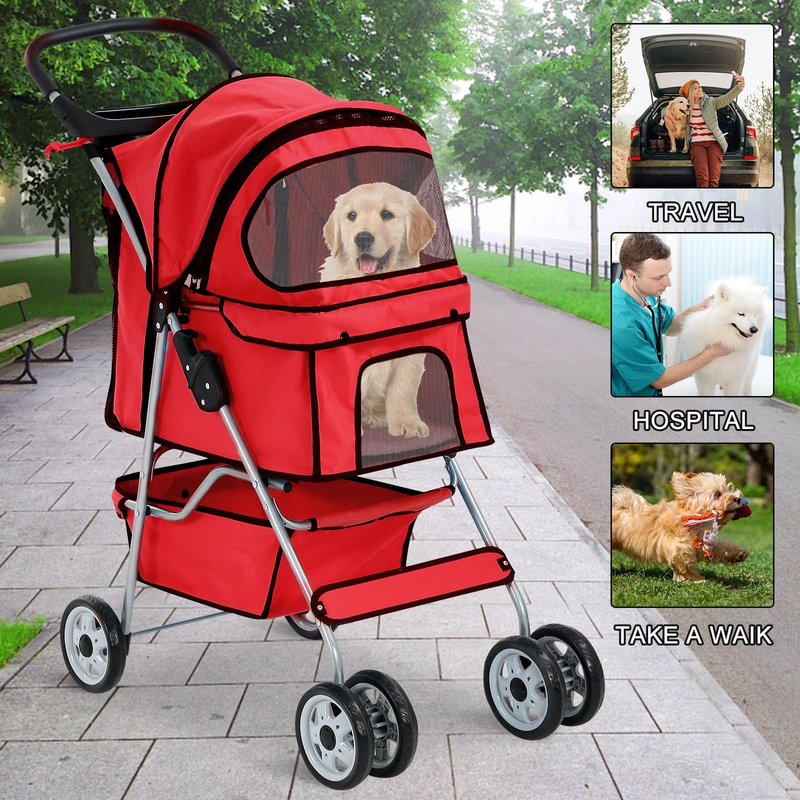 4 Wheels Pet Stroller Foldable Dog Stroller Cat Stroller with Storage Basket & Removable Liner, Travel Lite Foldable Carrier Strolling Cart for Dogs Cats, Black - Womvr