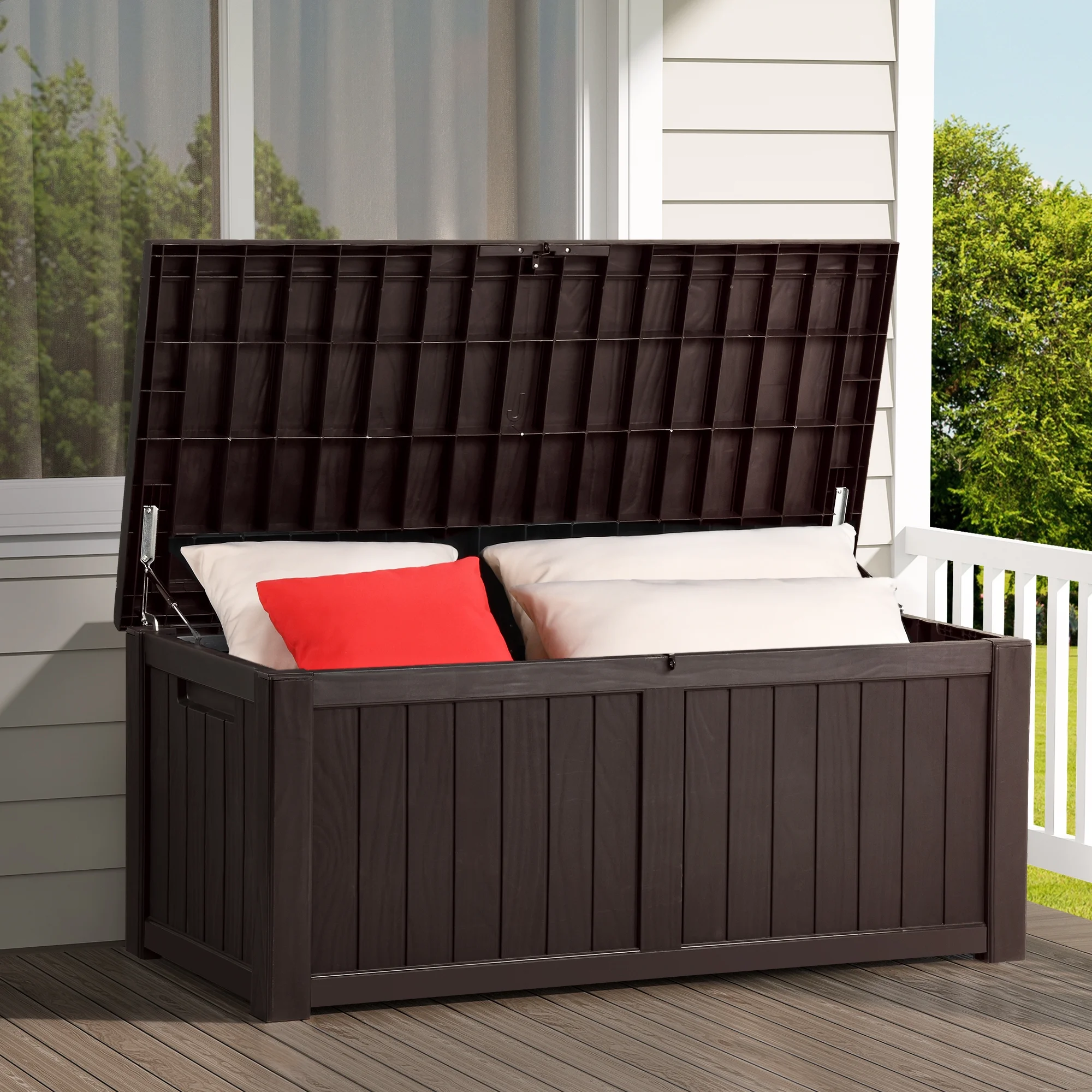 Dextrus Outdoor Storage Deck Box for Outdoor Pillows and Pool Supplies - Large Resin Patio Storage 120 Gallon Capacity, Lockable Lid, Waterproof (Brown) - Womvr