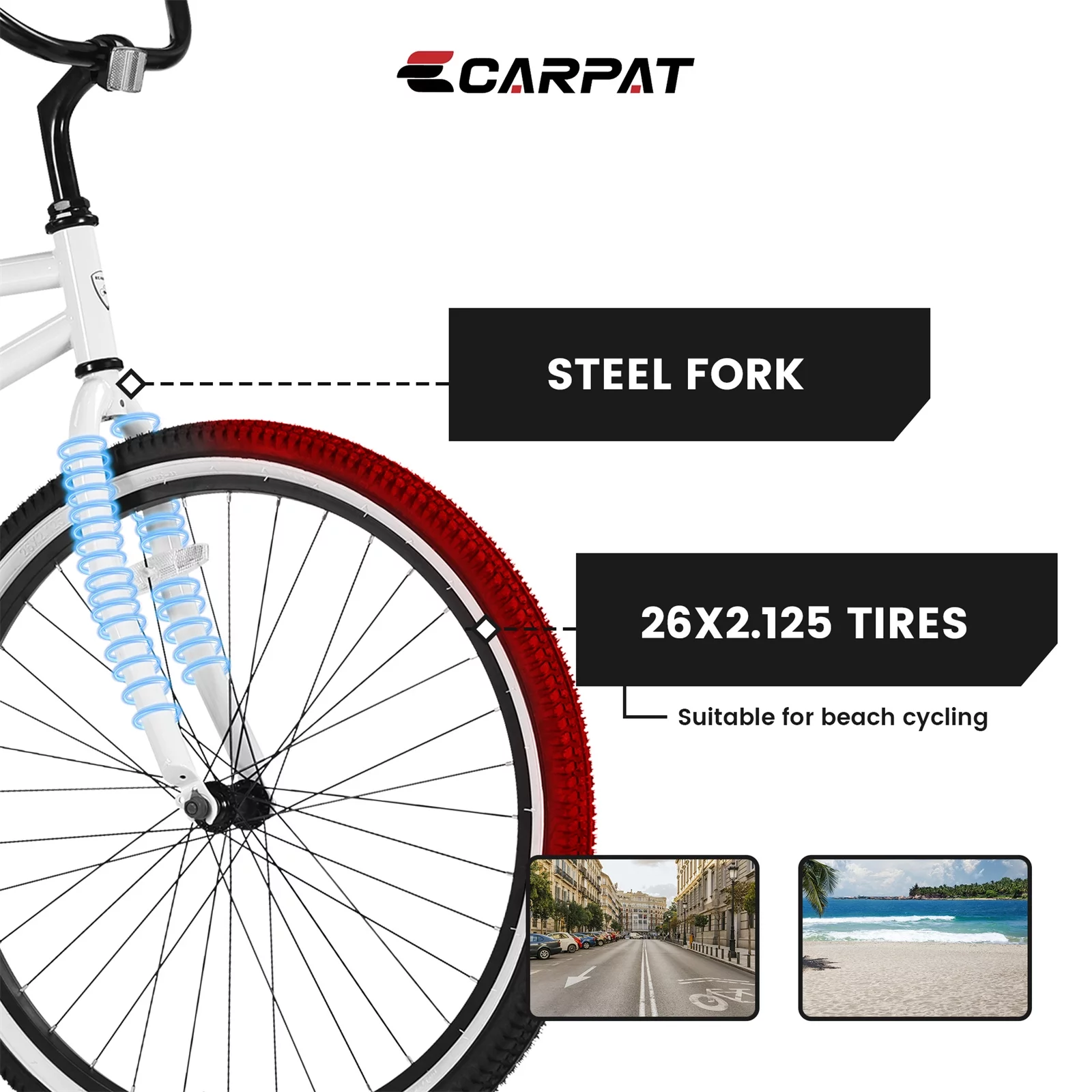 26in. Women's Beach Cruiser Bike with Rear Rack, Steel Frame Comfort Bicycle for Adult, White - Womvr