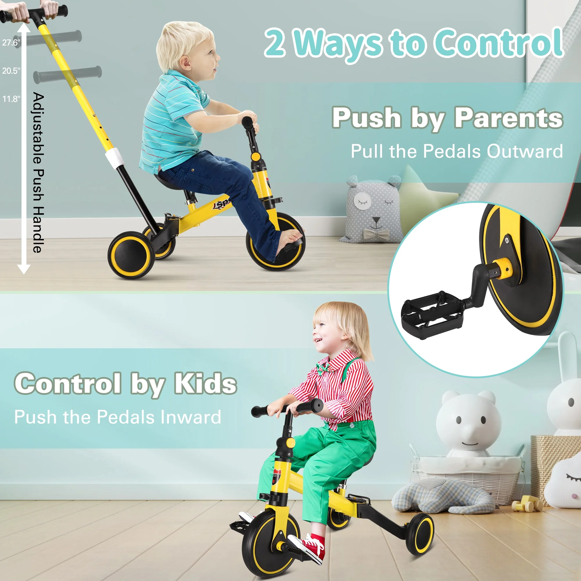 RELOIVE 6 in 1 Kids Tricycle for 1-5 Years Old,Toddler Bike Kids Trike for Balance Training,Baby Bike for Boy Girl with Adjustable Seat Height and Removable Pedal,Yelllow - Womvr