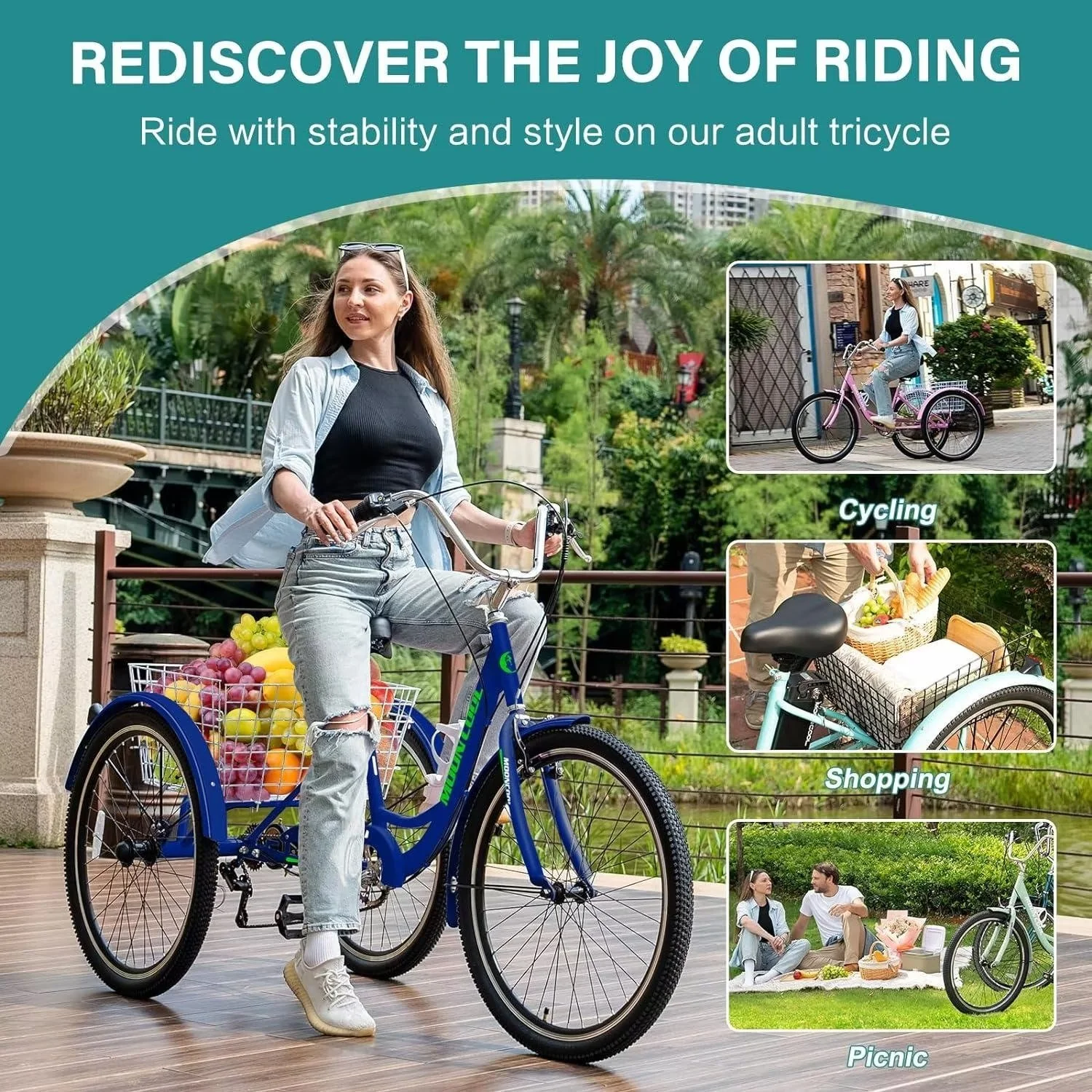 MOPHOTO 7 Speed Adult Tricycle 26 in/24in/20in, Trikes for Adults, Adult Tricycle with Basket & Dual Braking System, Adult Trikes for Women, Men, 3 Wheeled Bicycle for Shopping, Picnics Exercise - Womvr
