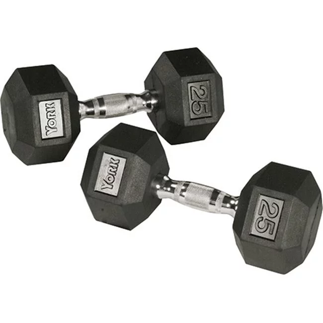 York Barbell  Rubber Hex Dumbbell with Chrome Ergo Handle - 65 lbs - Womvr