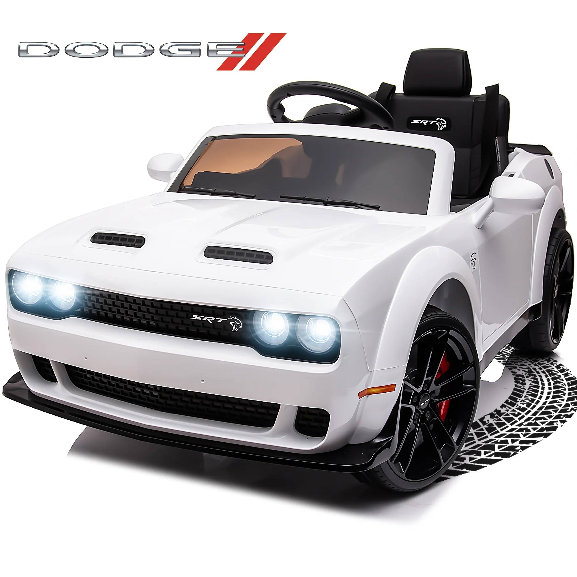 Dodge Challenger 12 V Powered Ride On Car with Remote Control, SRT Hellcat Toys for Kids, Black - Womvr