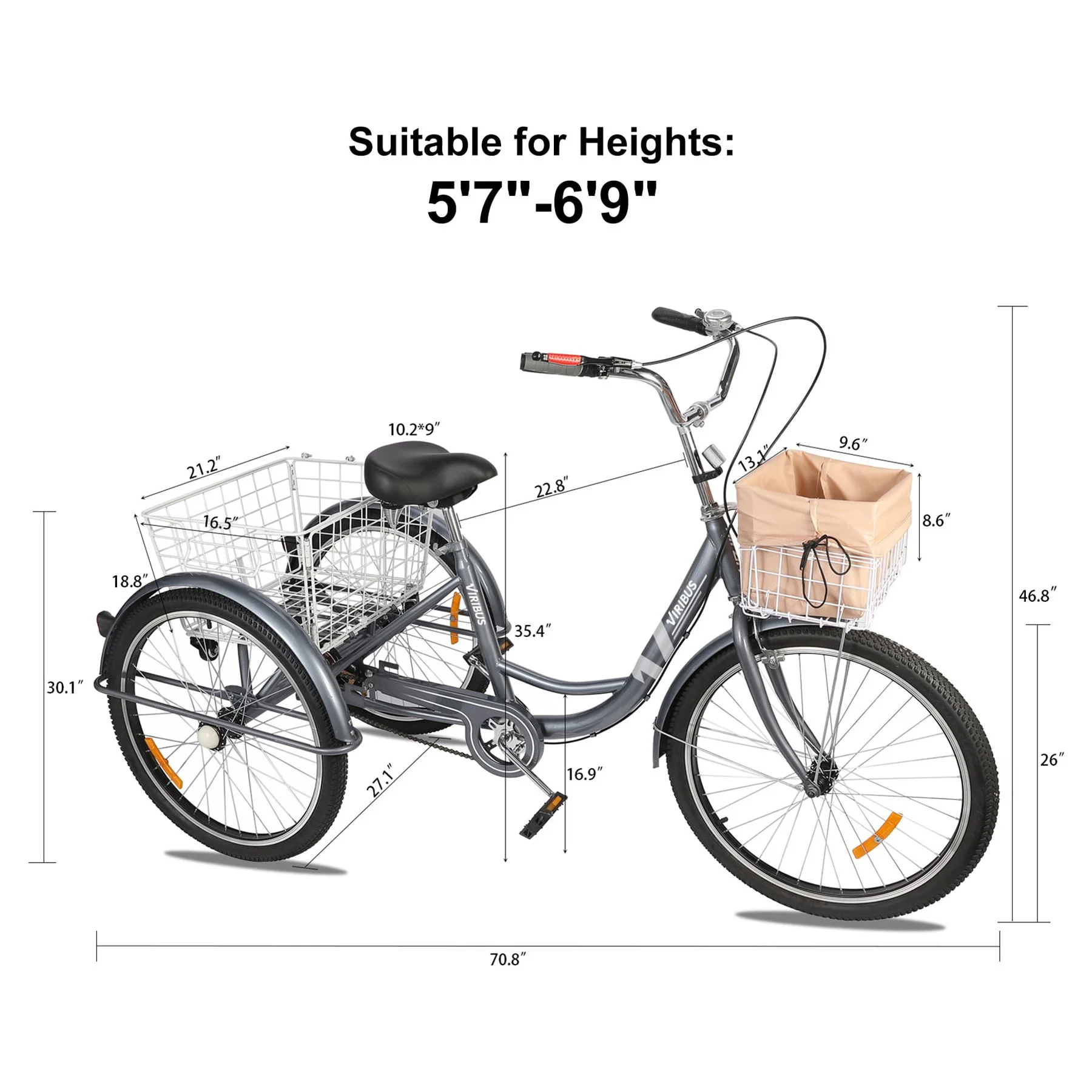 Viribus 26 Inch Single Speed Adult Tricycle 3 Wheel Bike with Removable Basket, Hybrid Beach Trike, Pink - Womvr