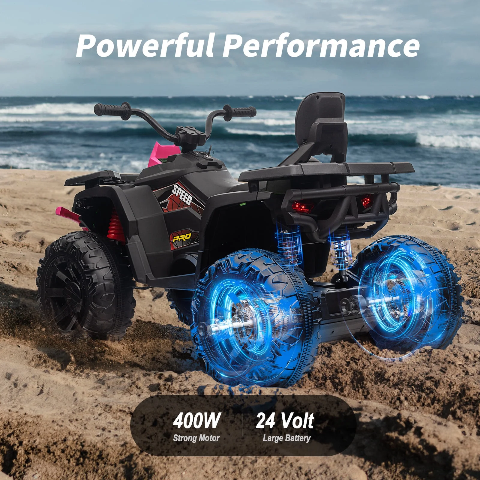 Hikiddo JC333 24V Ride on Toy, Kids ATV 4-Wheeler with 400W Motor, 2 Seater - Black - Womvr