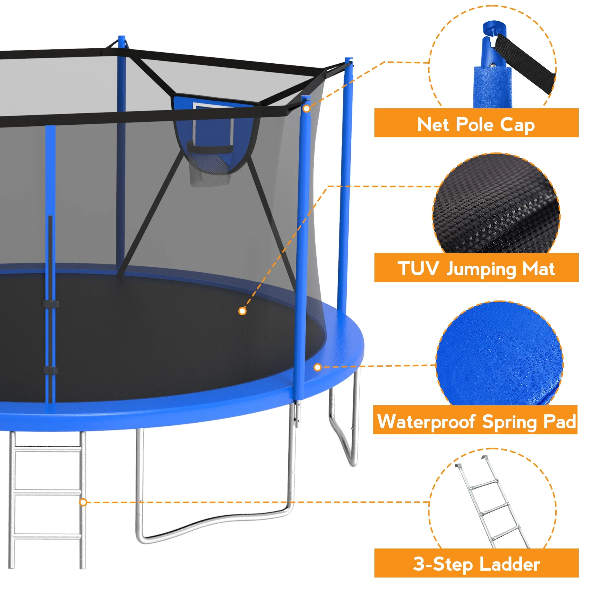 KOFUN Trampoline with Adjustable Basketball Hoop & Light, 1500lbs 10FT 12FT 14FT 16FT Trampoline for Adults and Kids, No Gap Design Backyard Trampoline with Enclosure Net, Ladder, Green - Womvr