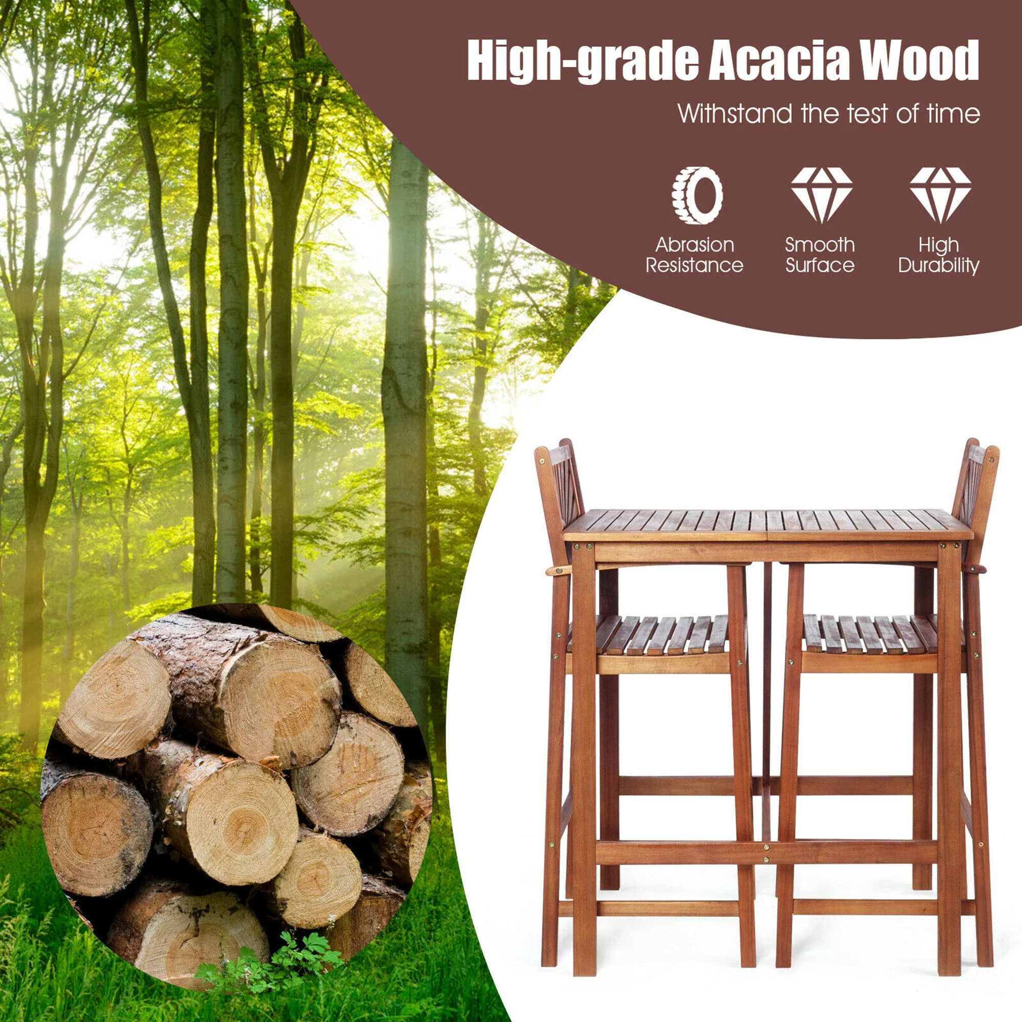 Gymax 3PCS Patio Acacia Wood Bar Table & Stool Set Outdoor Dining Bistro Set - Womvr