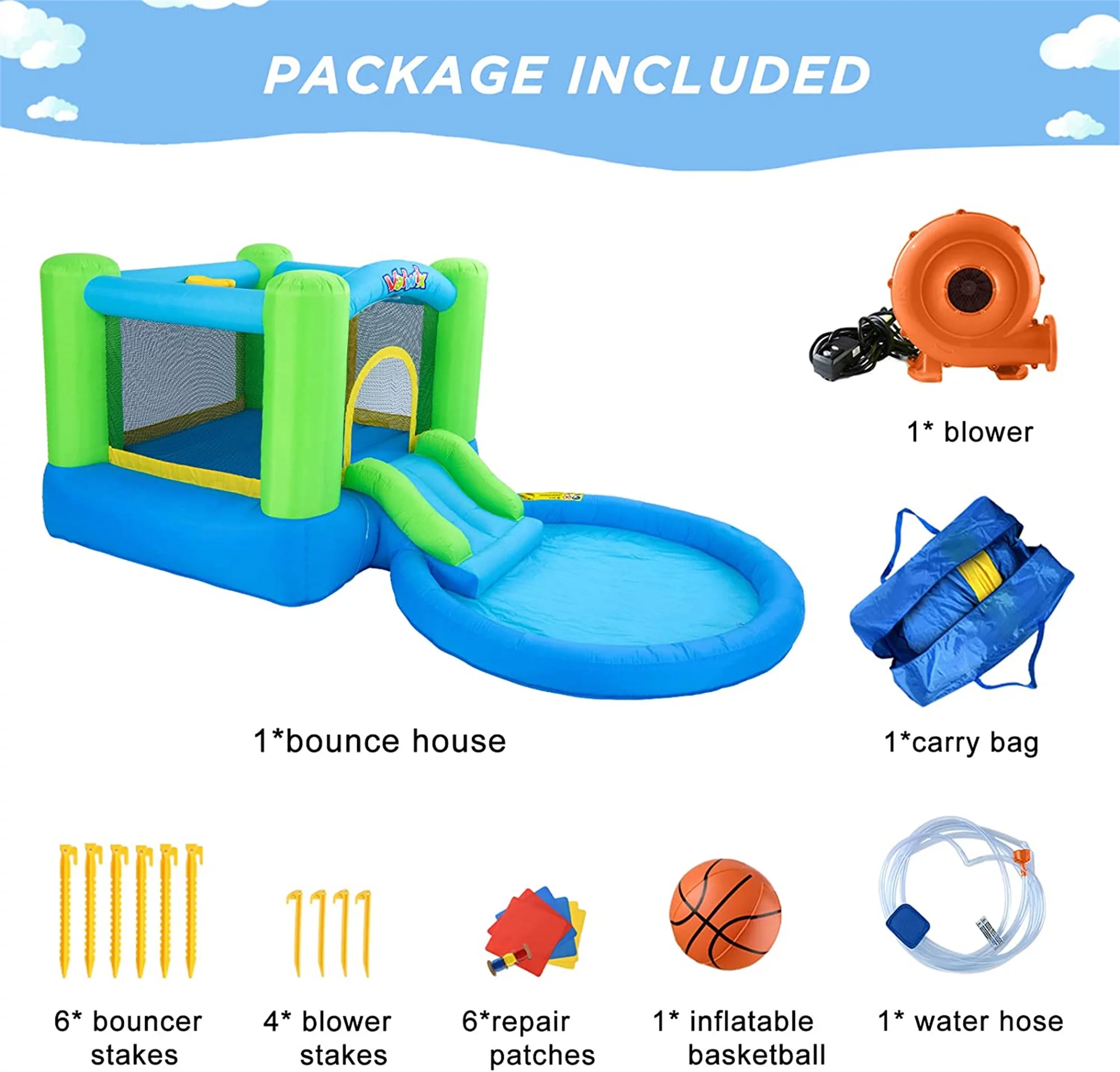 Valwix Inflatable Bounce House with Blower, Bouncy Castle w/ Waterslide & Pool for Wet Dry Combo, Bouncer w/ Repair Kits, Fun Bounce Area with Basketball Hoop - Womvr