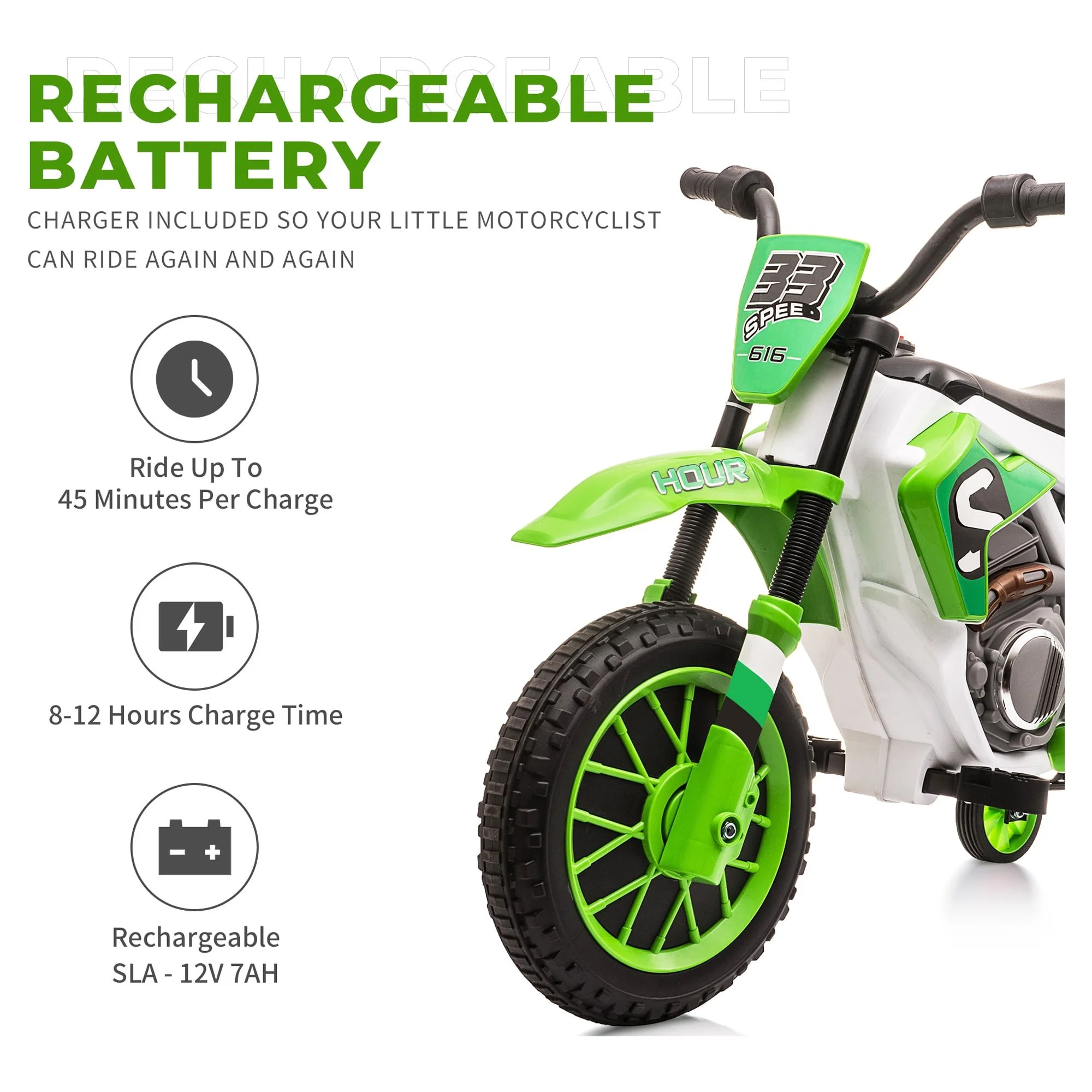 TOBBI 12V Kids Motorcycle off- Road Ride on Dirt Bike W/ Training Wheels, Age 3-8 Toddlers, Green - Womvr