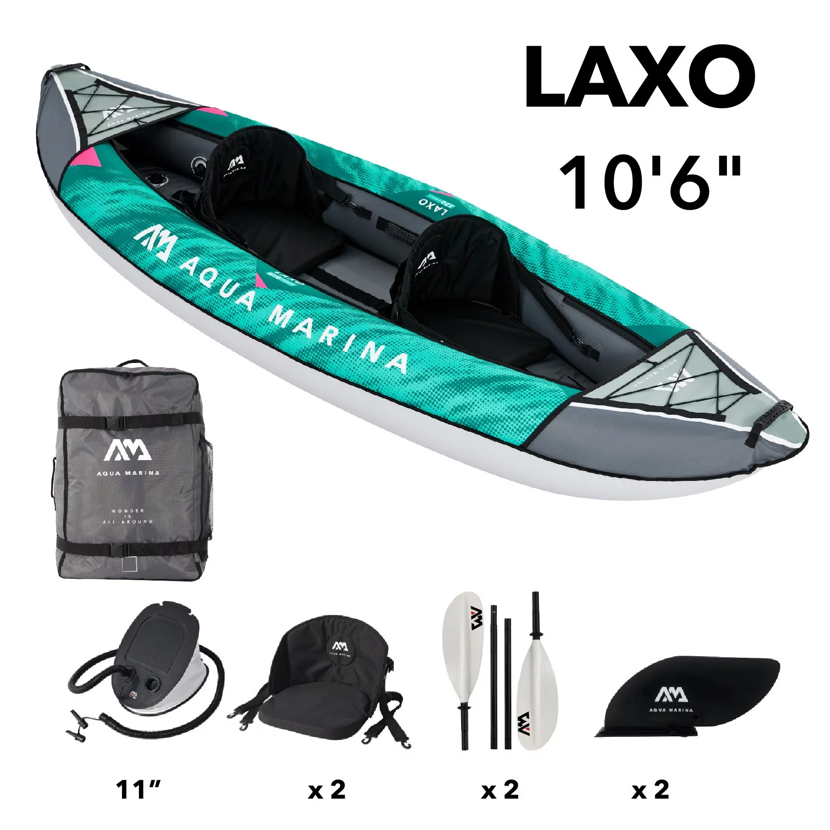 Aqua Marina, 2 Person, RECREATIONAL KAYAK - LAXO 106 - Inflatable KAYAK Package, including Carry Bag, Paddle, Fin, Pump & Safety Harness - Womvr