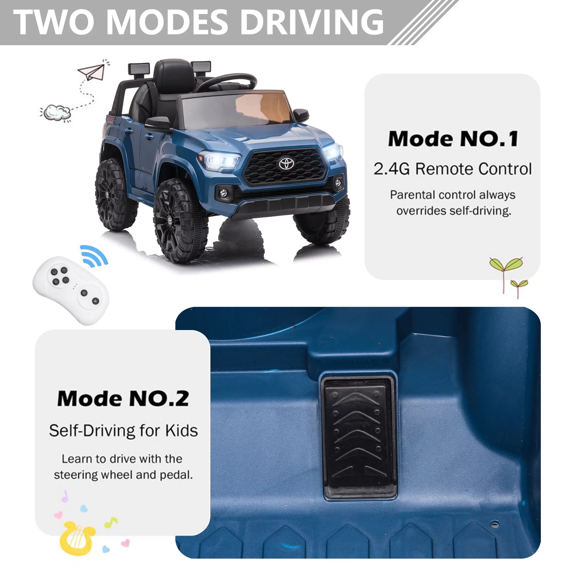 Licensed Toyota Tacoma Electric Ride on Vehicle for Kids, 12V Powered Ride on Car Toys with Remote Control, LED Lights, MP3 Player, Gray - Womvr