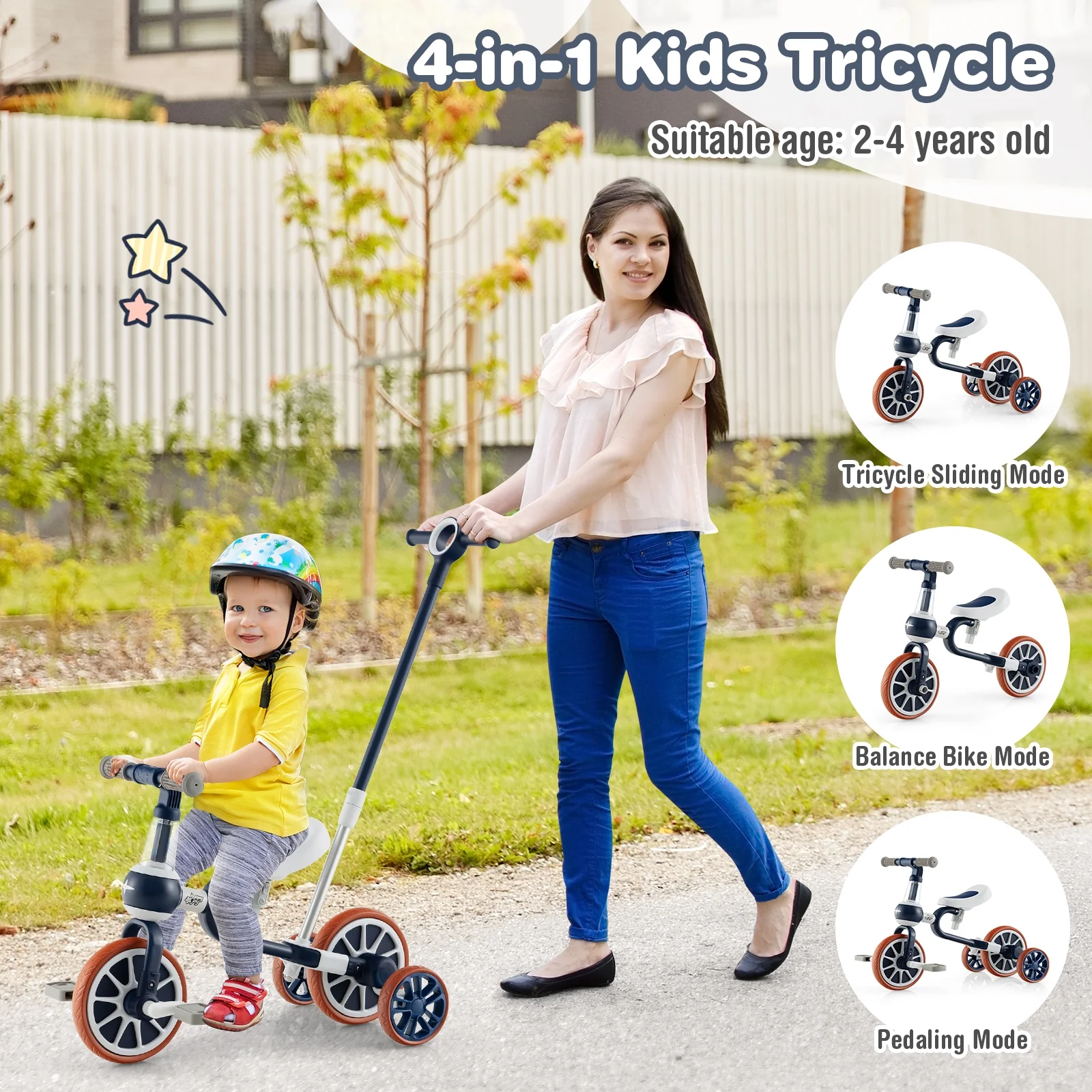 Infans 4 in 1 Kids Tricycles w/ Push Handle & Training Wheels Baby Balance Bike Navy - Womvr