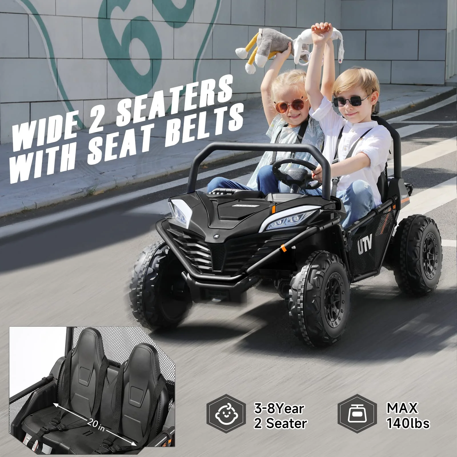 12 V Ride on Car,2 Seater Powered on Truck,4WD Electric Off-Road,Remote Control,Spring Suspension Ride on UTV for 3-8 Kids,Blue - Womvr
