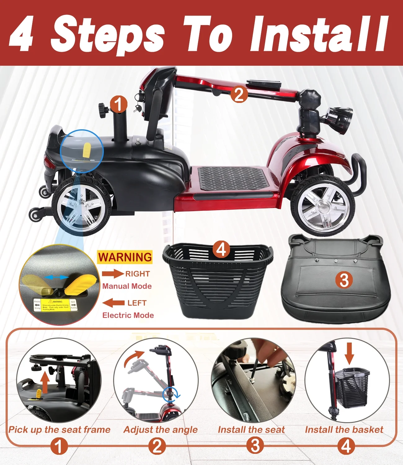 EazinGo 4 Wheel Mobility Scooter, Luxury Travel Scooter for Adults, Elderly Support 260Lbs - Womvr