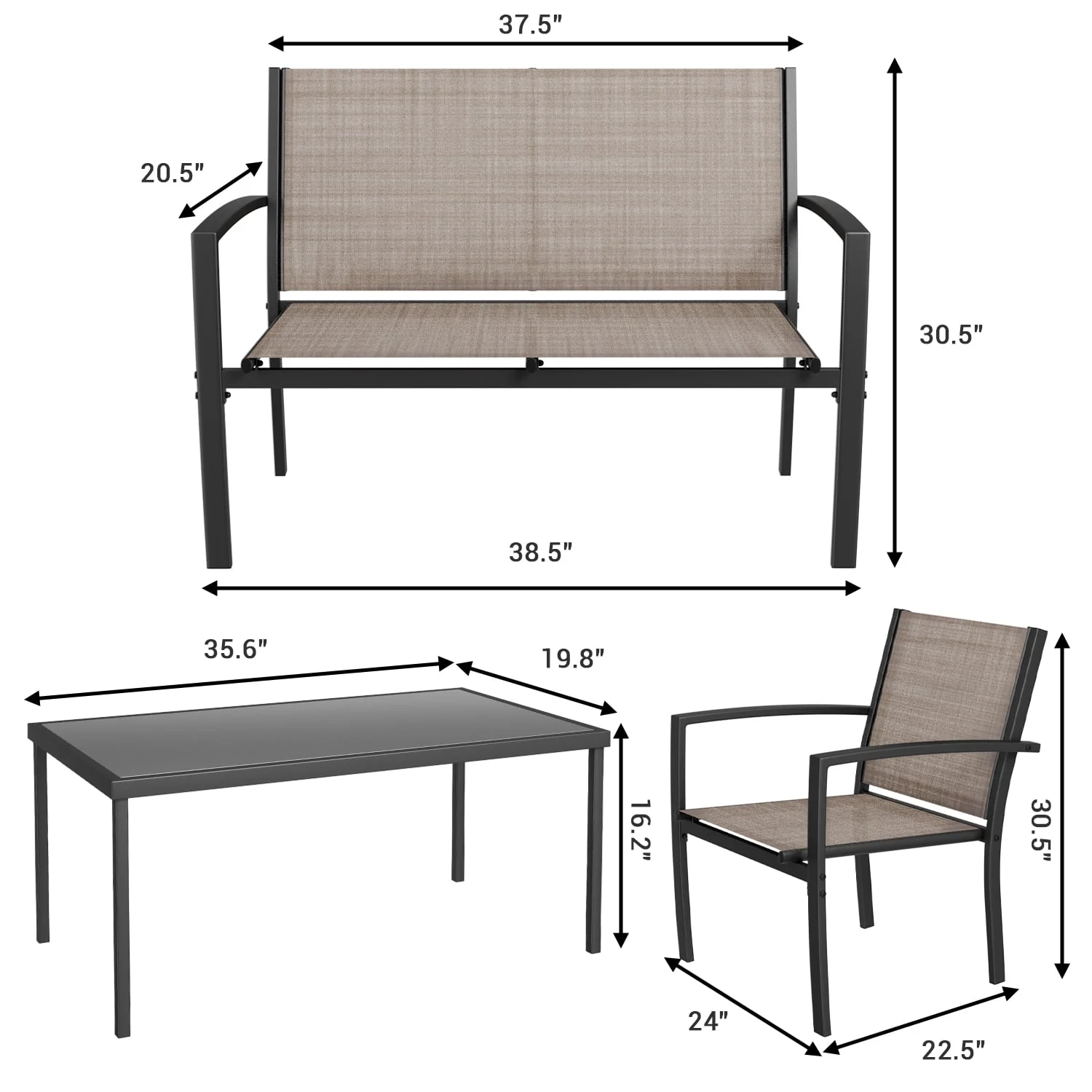 LACOO 4 Pieces Outdoor Furniture Set Patio Textilene Steel Conversation Set with Loveseat Tea Table for Lawn and Balcony, Black - Womvr