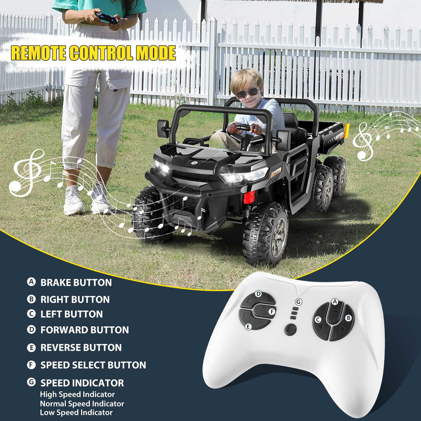 Funcid 24 V 4WD Kids Kids Ride on UTV with Remote Control, 2 Seater 6-Wheel Ride on Dump Truck Car, Ride on Toys w/ Tipping Bucket Trailer & Shovel,Bluetooth Music, Black - Womvr