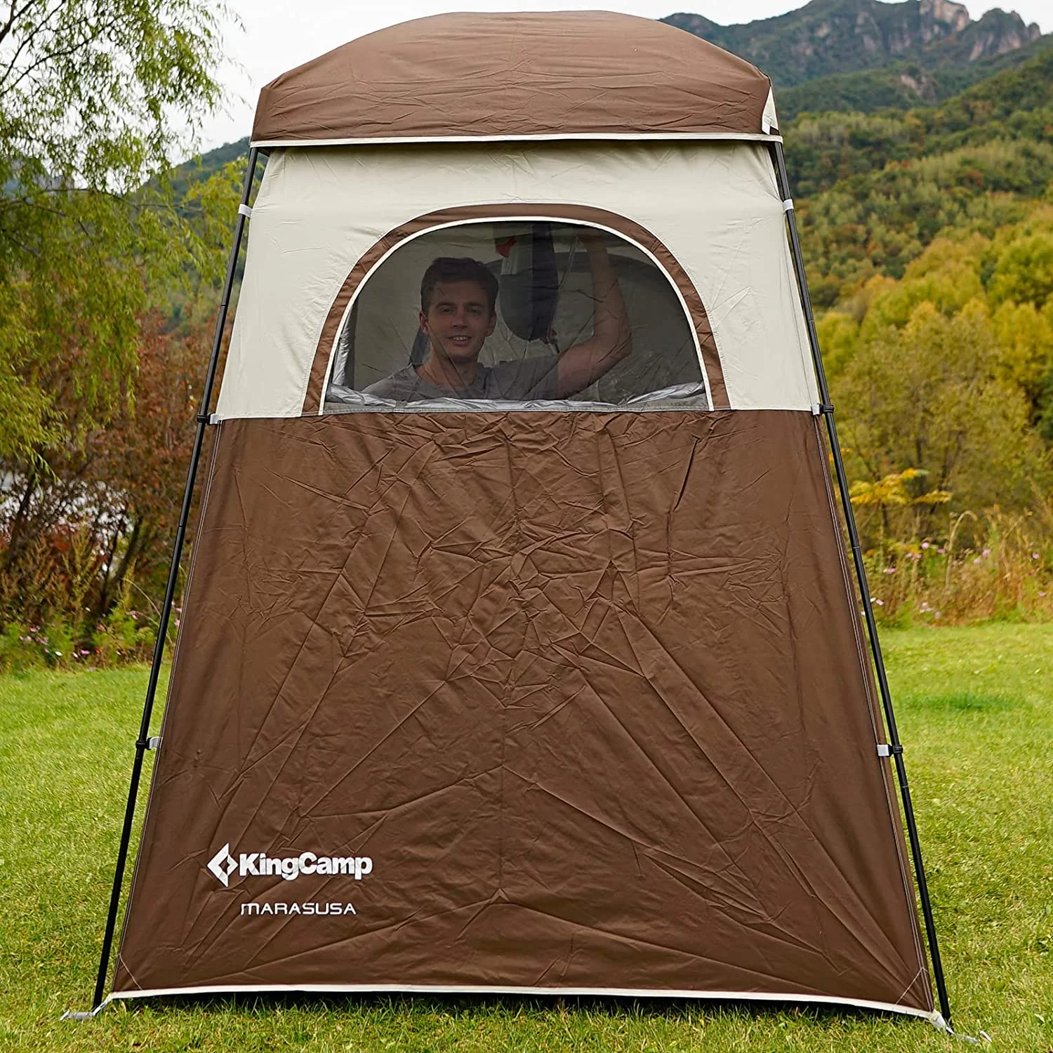 KingCamp Oversized Shower Tent Extra Wide 1 Room with Floor Waterproof Camping Privacy Shelter Easy Set Up Tent for Dressing Changing Toilets Tent, Coffee - Womvr
