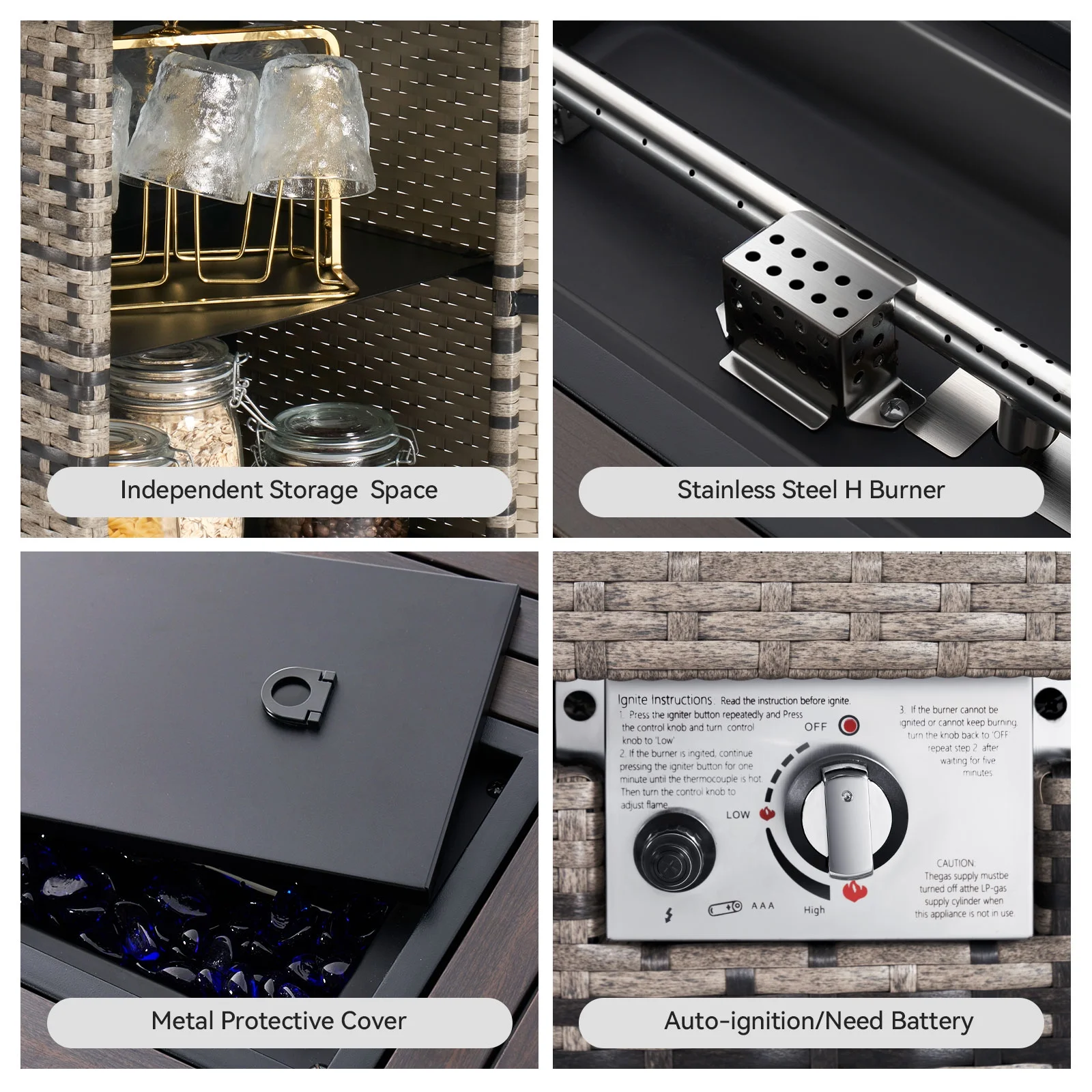 Aoxun 40'' Fire Pit Table 50,000 BTU Propane Gas Fire Pit Table W/ Cover, Glass Beads, Tank Holder, Gray Wicker - Womvr