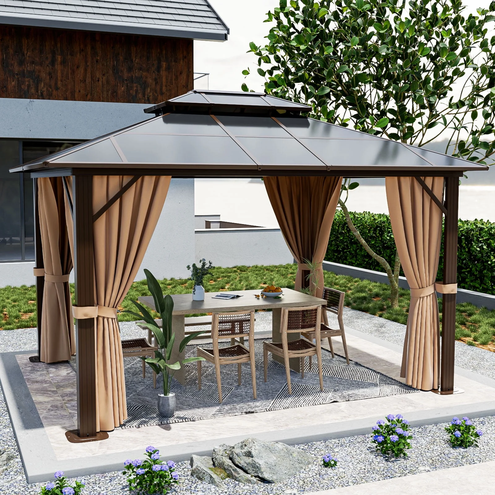 Aoxun 10 ft. x 12 ft. Hardtop Gazebo, Double Polycarbonate Roof Aluminum Frame Gazebo W/Curtain and Netting, Brown - Womvr