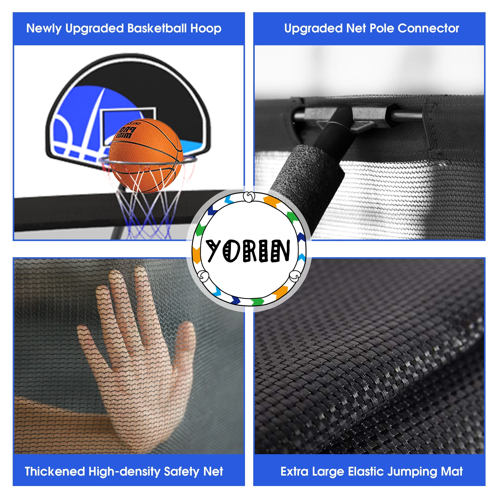 YORIN Trampoline for 2-3 Kids, 8FT 10FT Trampoline for Adults with Enclosure Net, Basketball Hoop, Ladder, 800LBS Outdoor Recreational Trampoline with Light, Sprinkler, Socks, Heavy Duty Trampoline - Womvr