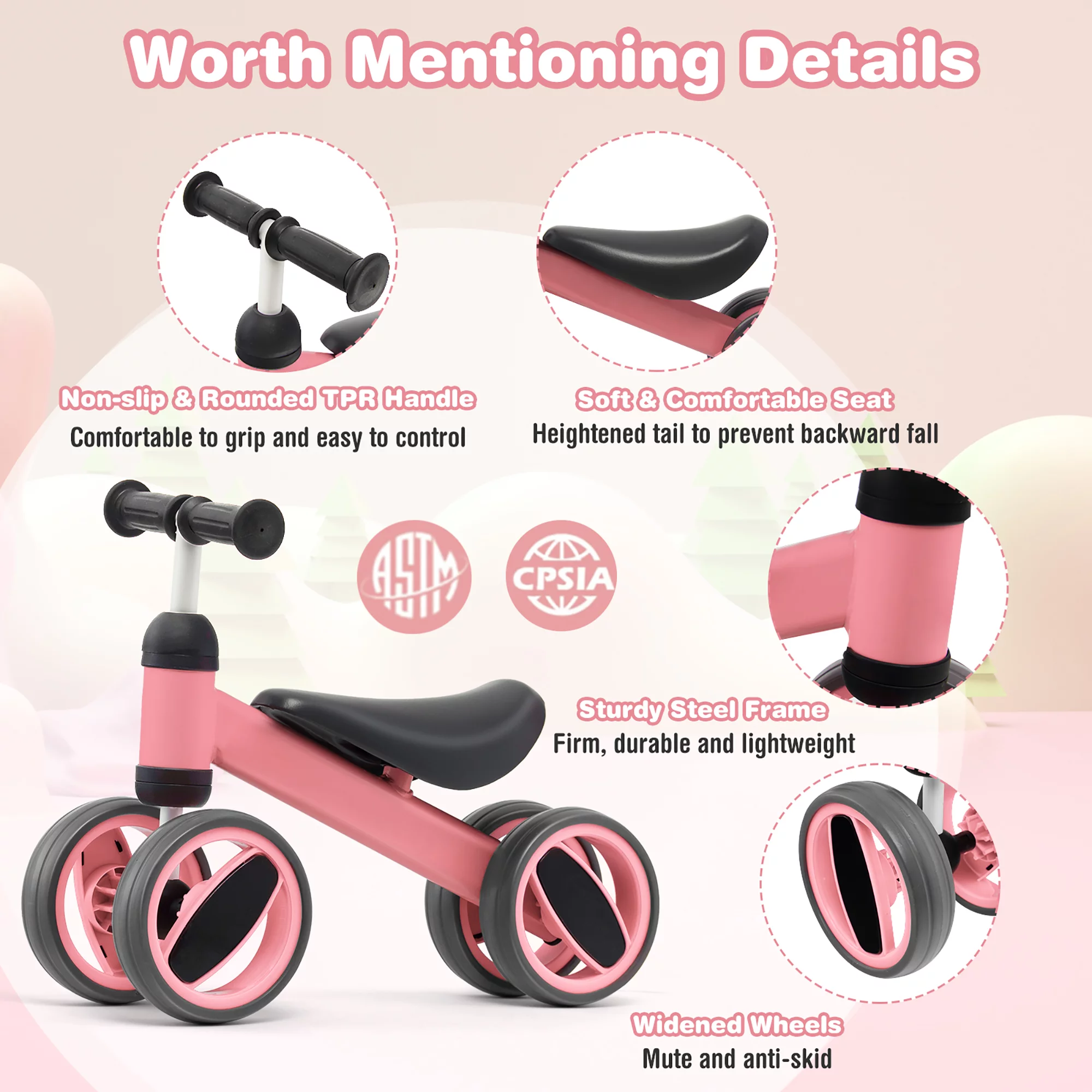 Costway Baby Balance Bike Toddler Riding Toys  w/ 4 Wheels Pink - Womvr