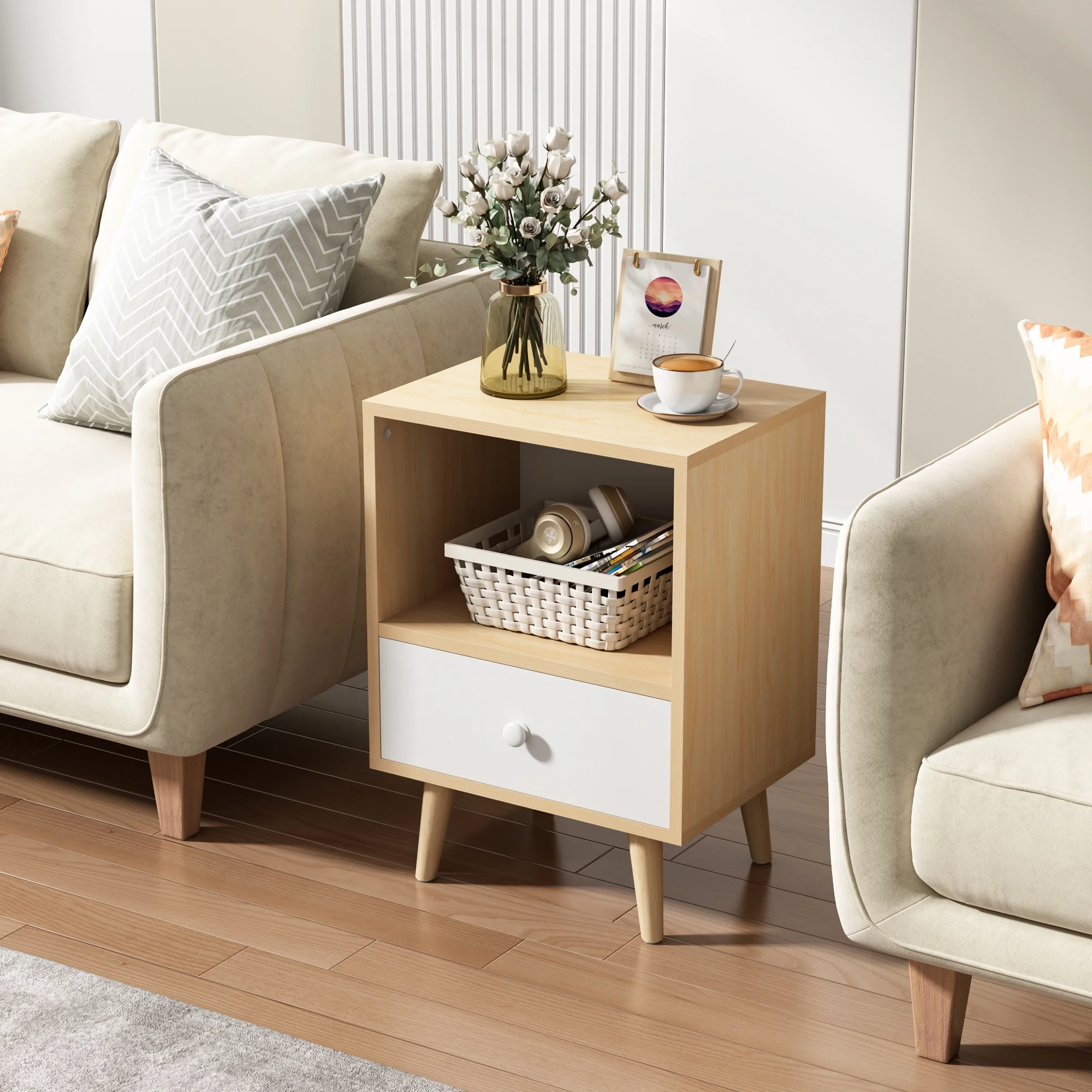 JAXPETY Nightstands Set of 2, Night Stand with 1 Drawer and Open Shelf Storage, End Table, Side Table, for Bedroom, Living Room, Natural Wood & White - Womvr