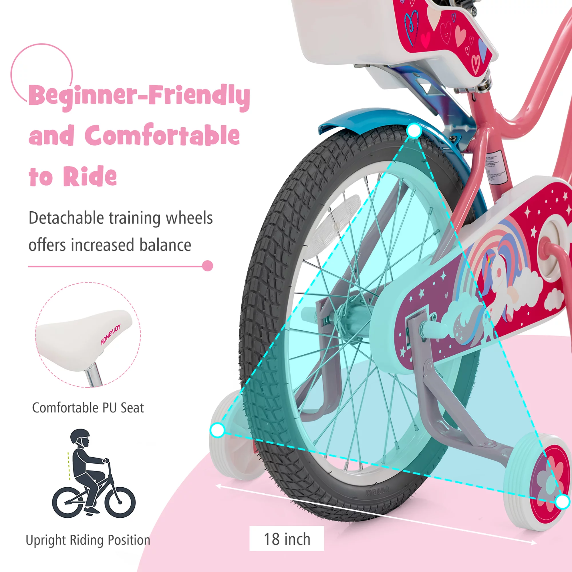 Honeyjoy 18 Inches Kids Bicycle with Training Wheels & Basket for Boys & Girls Age 5-9 Years - Womvr