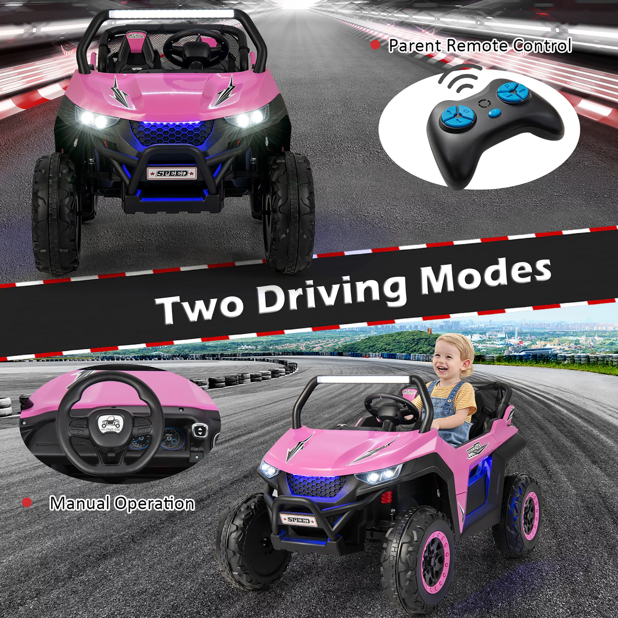 Costway 12V 2-Seater Kids Ride On UTV RC Electric Vehicle Suspension w/ Lights & Music Pink - Womvr