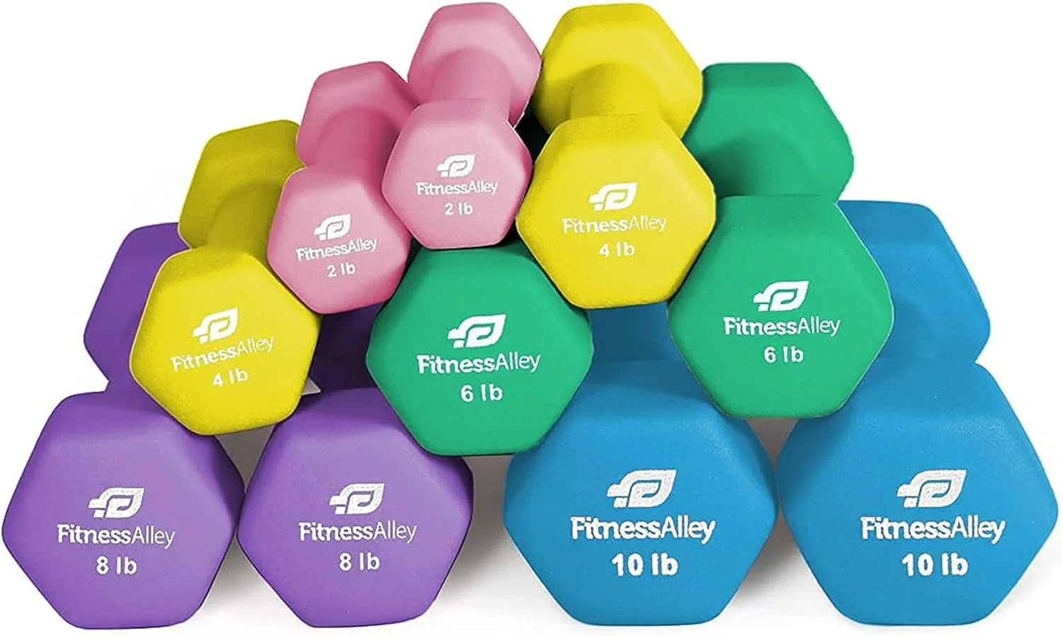 Fitness Alley Neoprene Workout Dumbbells - Non Slip, Anti Roll Exercise & Fitness Dumbbells Combo - Hex Shaped Hand weights for Men & Women(2, 4, 6, 8, & 10lb Dumbbells) - Womvr