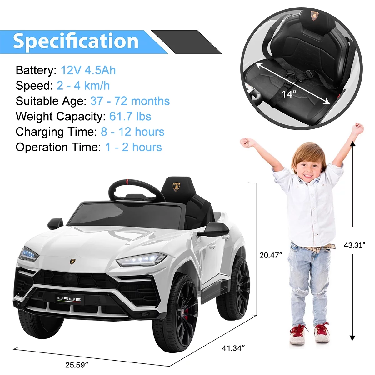 FUNTOK Lamborghini Urus 12V Electric Powered Ride on Car for Kids, with Remote Control, Foot Pedal, MP3 Player and LED Headlights - Womvr