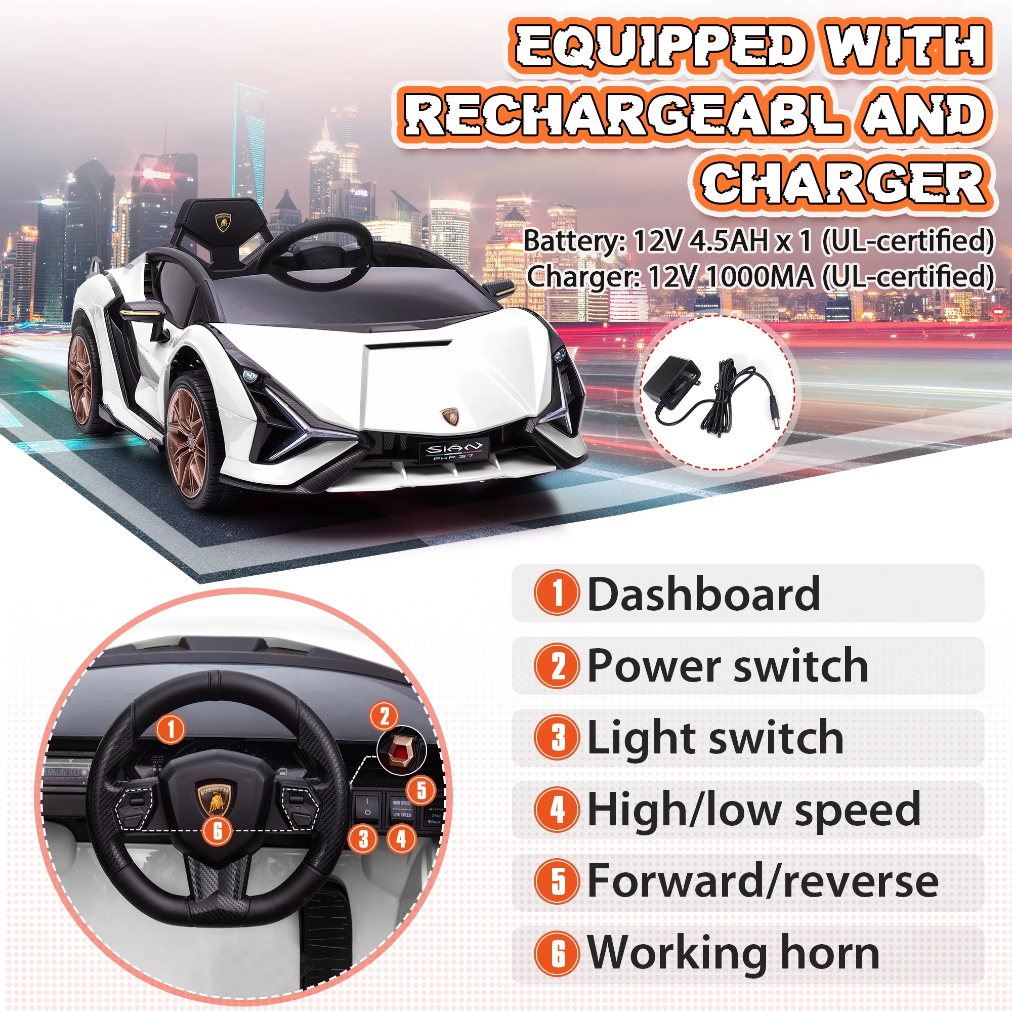 TOBBI 24V Lamborghini STO Licensed Kids Ride on Drift Car Gray Electric Car W/Remote Control LED Lights, up to 10 mph - Womvr