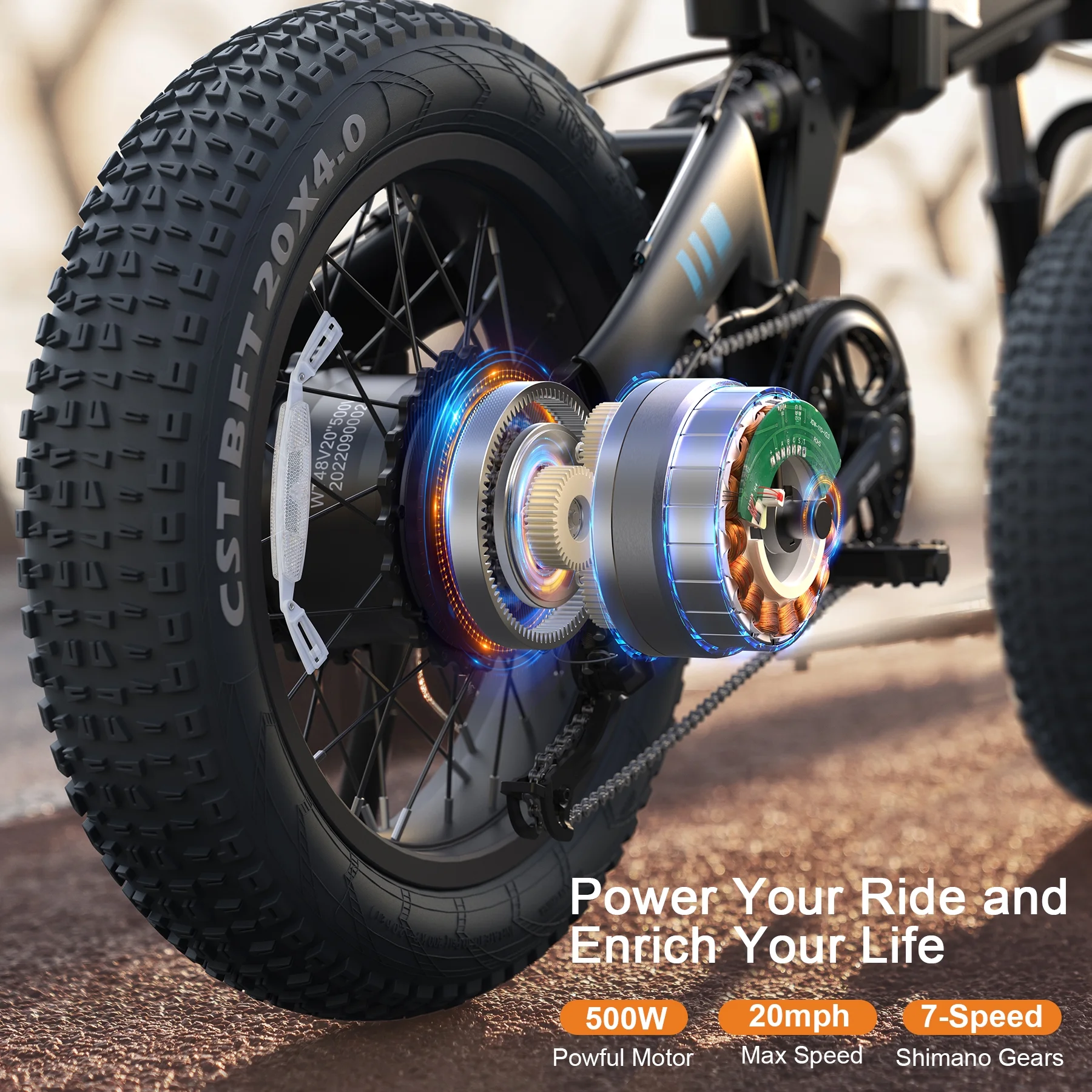 Wooken Electric Bike, 20''X4.0 Fat Tire Electric Bike for Adults, 500W 20MPH Foldable Electric Bicycle with 48V 10Ah Built-in Battery, Shimano 7 Speed Wheels Electric Bike, Dual Shock Absorber - Womvr