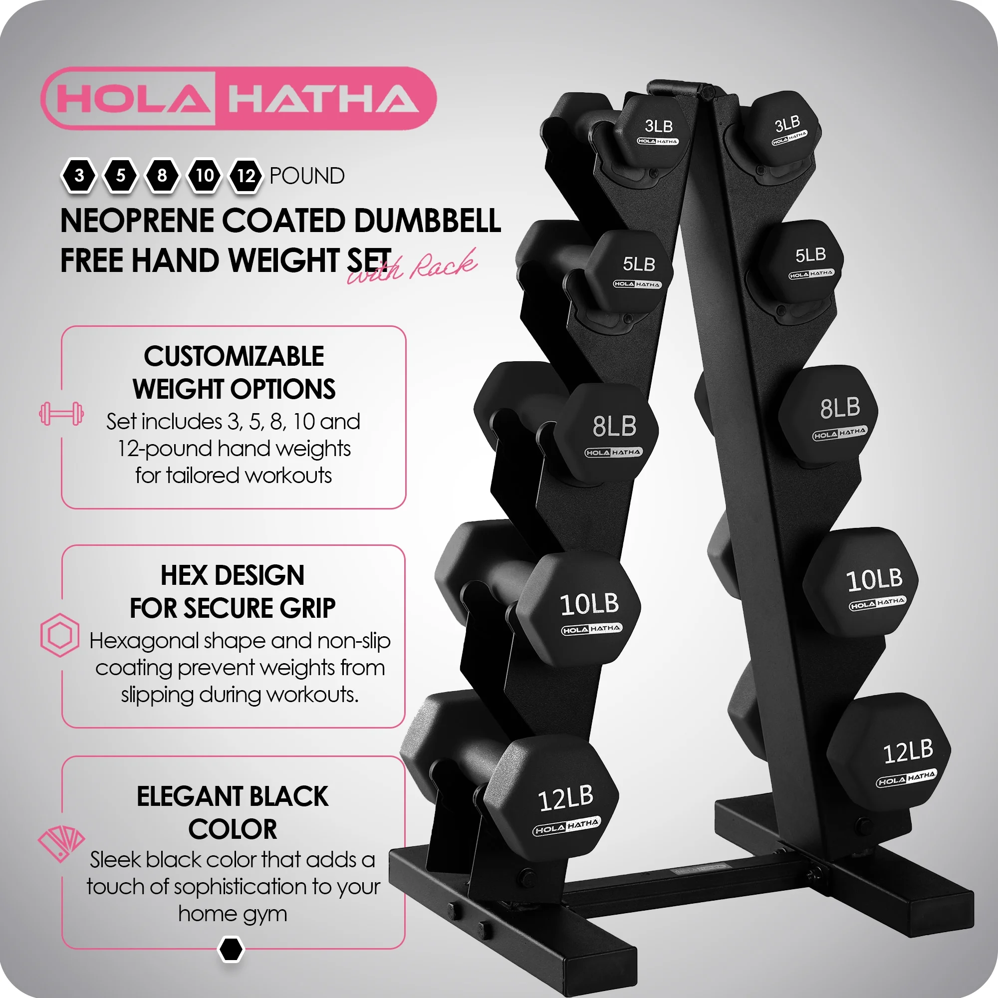 HolaHatha 3, 5, 8, 10, and 12 Pound Neoprene Dumbbell Weight Set, Black - Womvr
