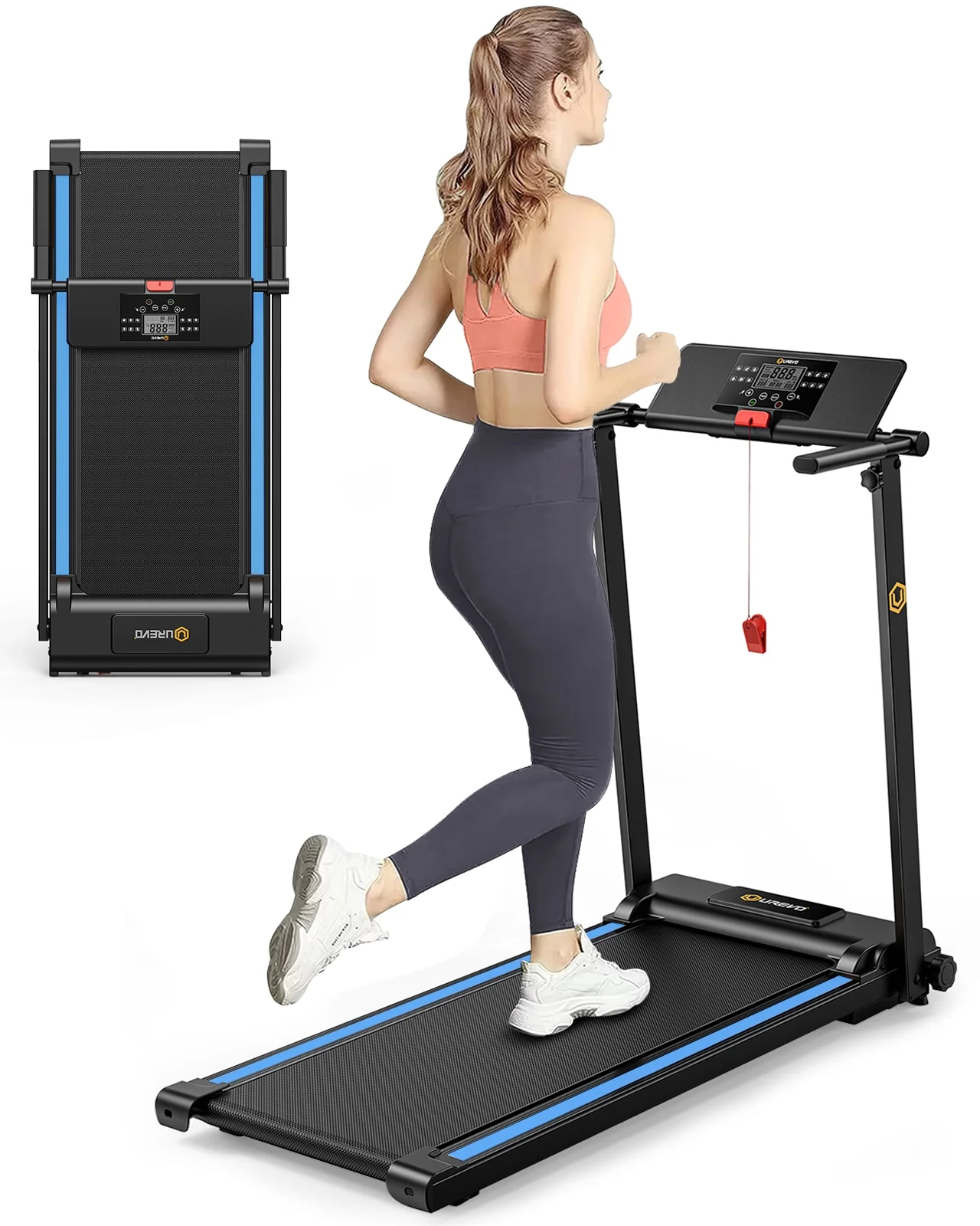 UREVO Folding Treadmill, 2.25HP Portable Mini Treadmills for Home Office, Compact Threadmill with 12 HIIT Modes, LCD Display, 265 lbs Capacity - Womvr