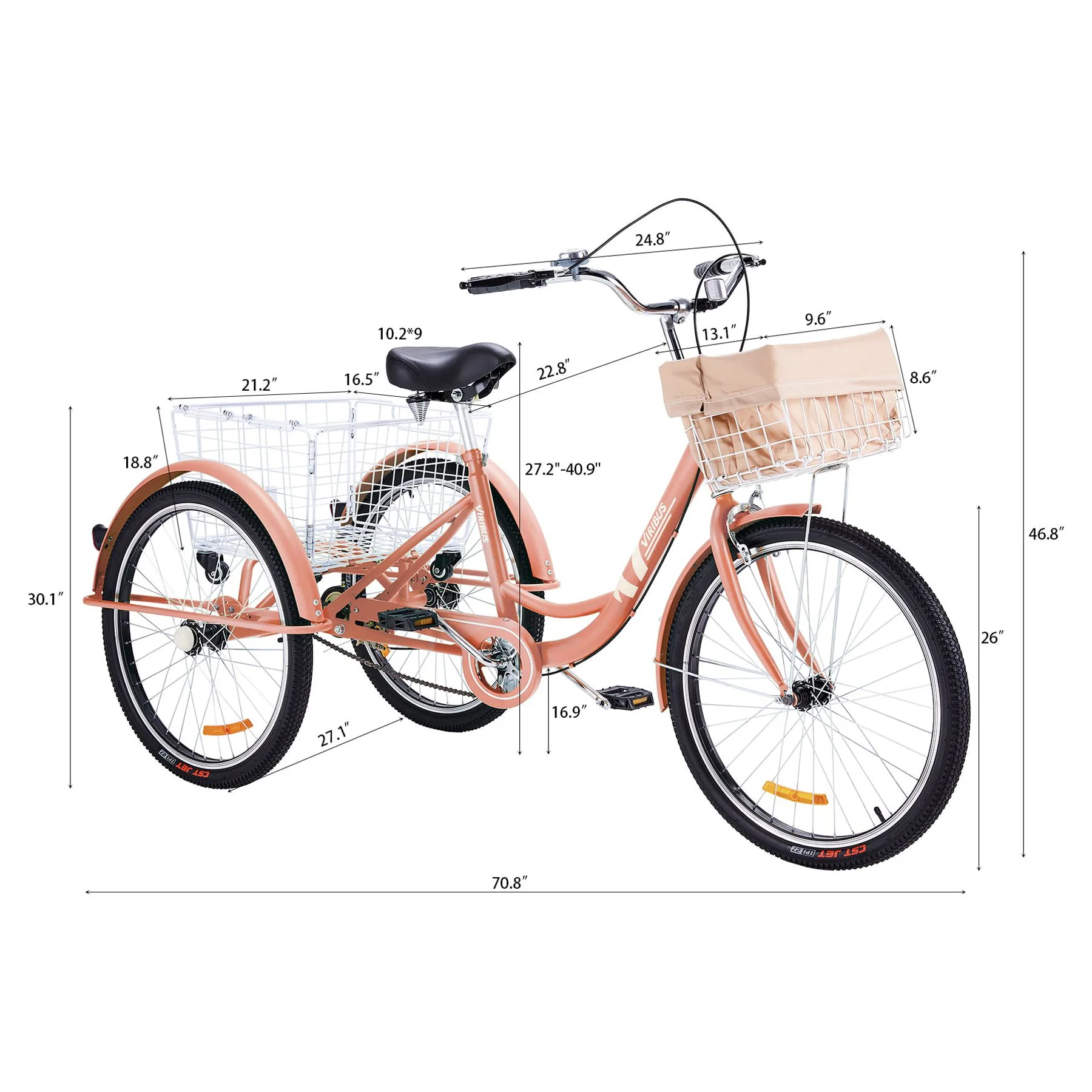 Viribus 26 Inch Single Speed Adult Tricycle 3 Wheel Bike with Removable Basket, Hybrid Beach Trike, Pink - Womvr