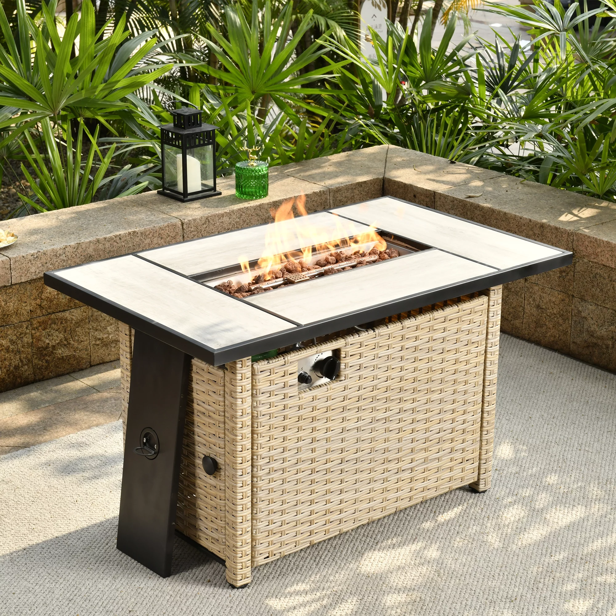 Ovios Outdoor Wicker Propane Fire Pit Table 42-Inch 50,000 BTU Flame Gas Fire Pits for Patio with Waterproof Cover & Lid Rectangle - Womvr