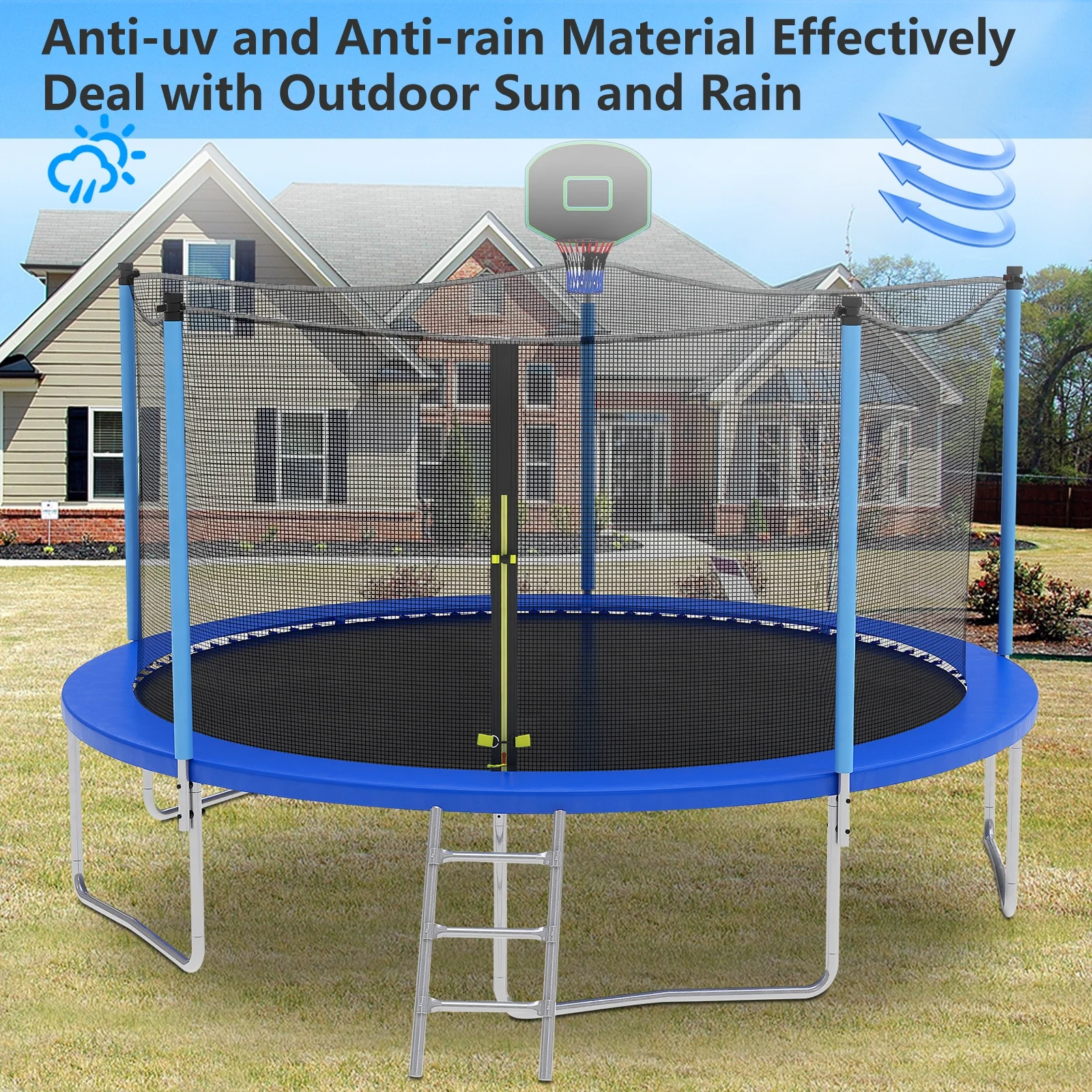 SEGMART 14FT Blue Trampoline for Kids with Basketball Hoop and Enclosure Net/Ladder, Blue - Womvr