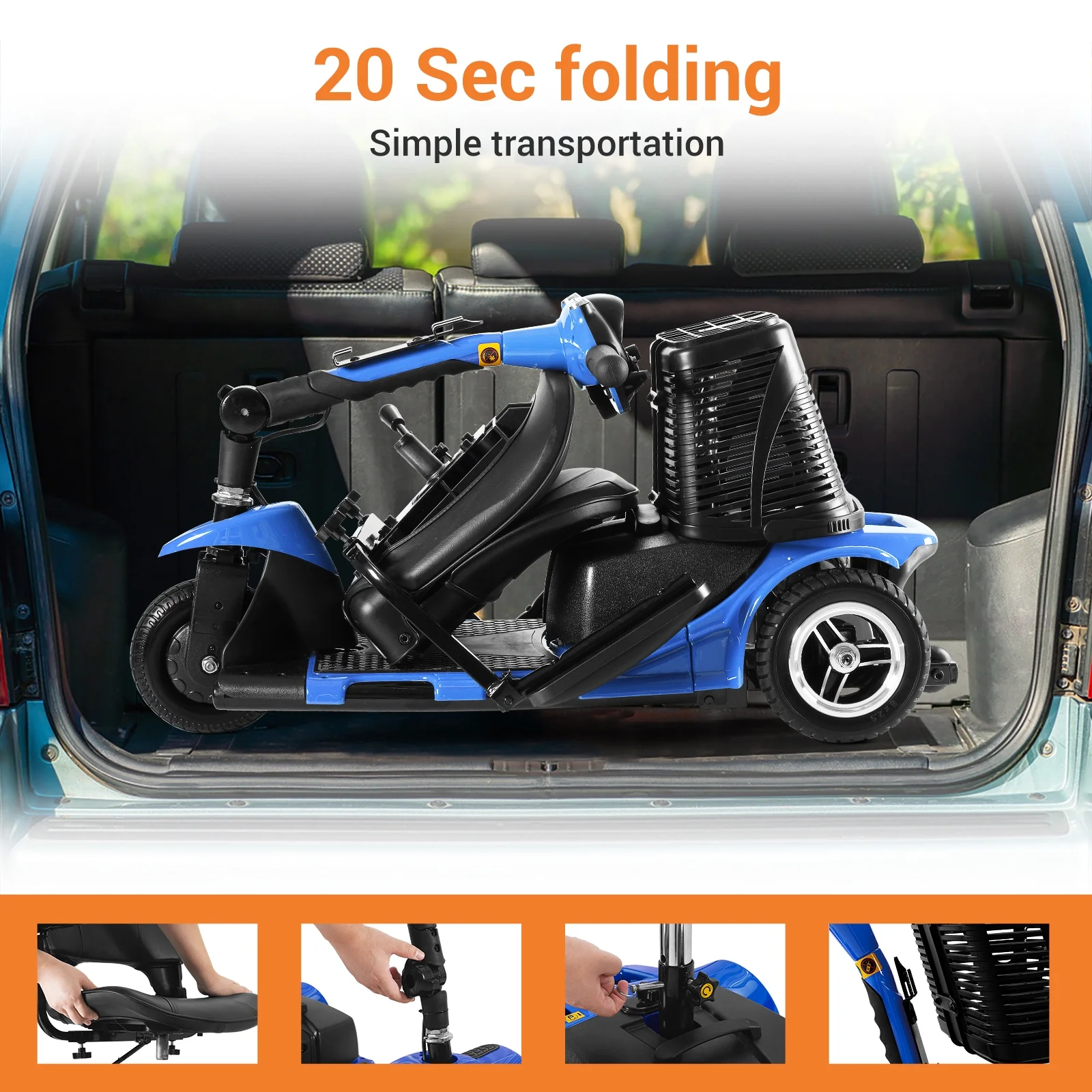 TEKAMON 4 Wheels Mobility Scooter - Portable Folding Power Electric Mobility Scooters for Seniors, Adults, Handicapped, Elderly - Range Extended Battery,Blue - Womvr
