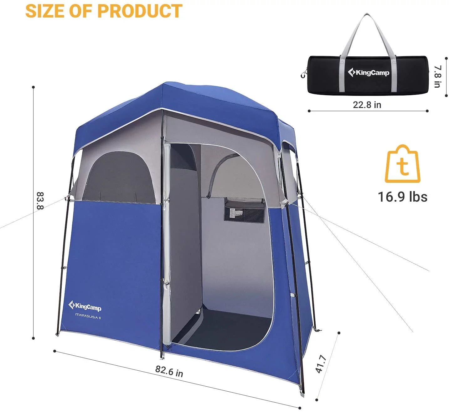 KingCamp Oversized 2 Rooms Camping Shower Tent Extra Wide Outdoor Shower Tent Privacy Tent for Portable Toilet/Bathroom/Dressing Changing Room with Carry Bag, Blue - Womvr