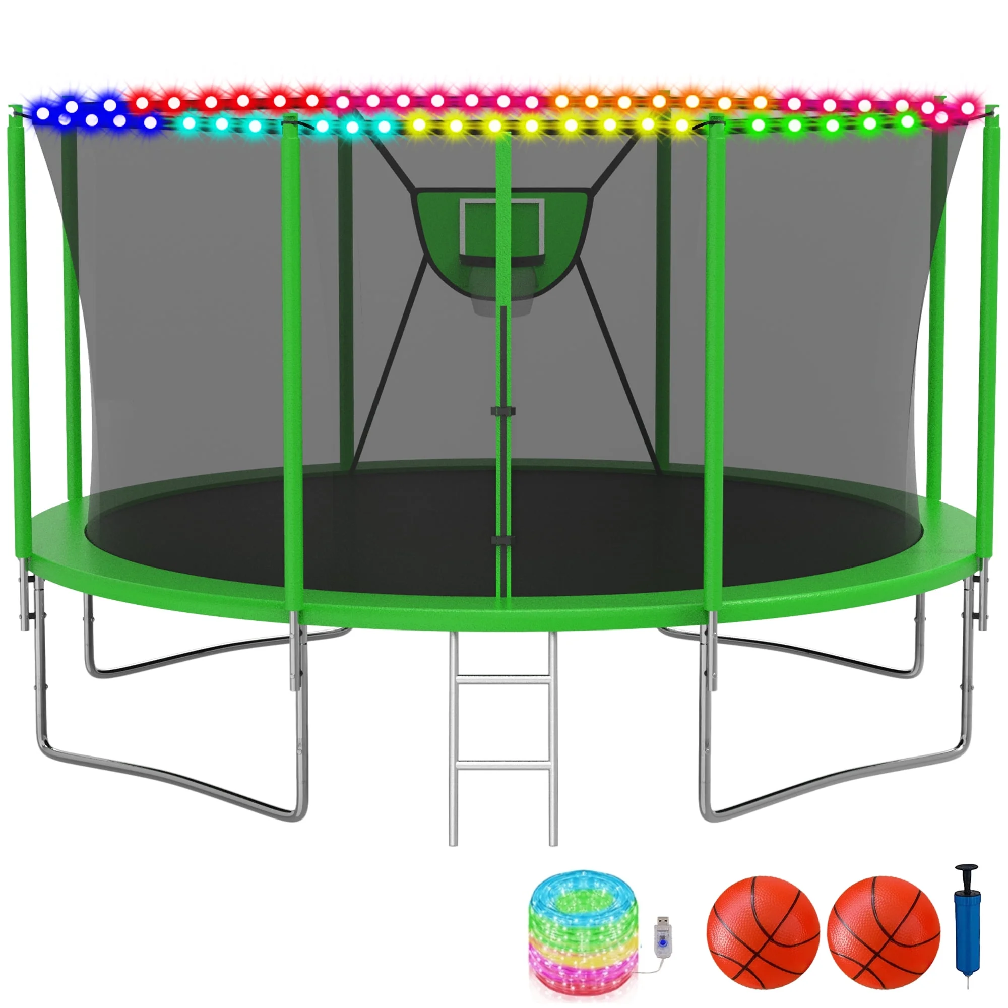 KOFUN Trampoline with Adjustable Basketball Hoop & Light, 1500lbs 10FT 12FT 14FT 16FT Trampoline for Adults and Kids, No Gap Design Backyard Trampoline with Enclosure Net, Ladder, Green - Womvr