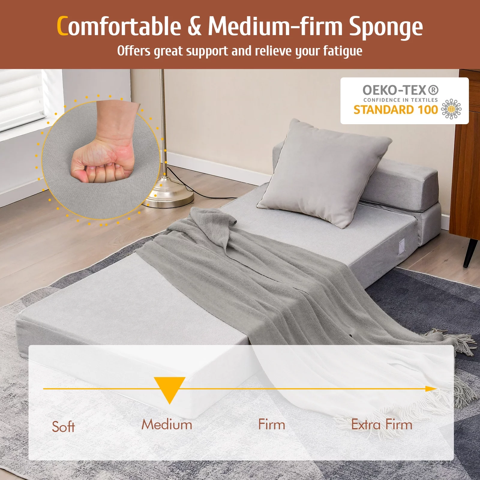 Costway Tri-Fold Fold Down Chair Flip Out Lounger Convertible Sleeper Bed Couch Dorm Grey - Womvr