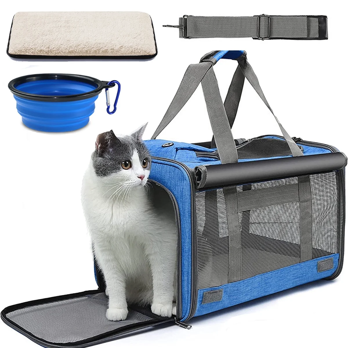 Cat Carrier, Soft Sided Cat Carriers for Large Small Medium Dogs Cats Under 25lbs, Foldable Pet Travel Carrier with a Bowl/Washable Pad, TSA Airline Approved, Blue - Womvr