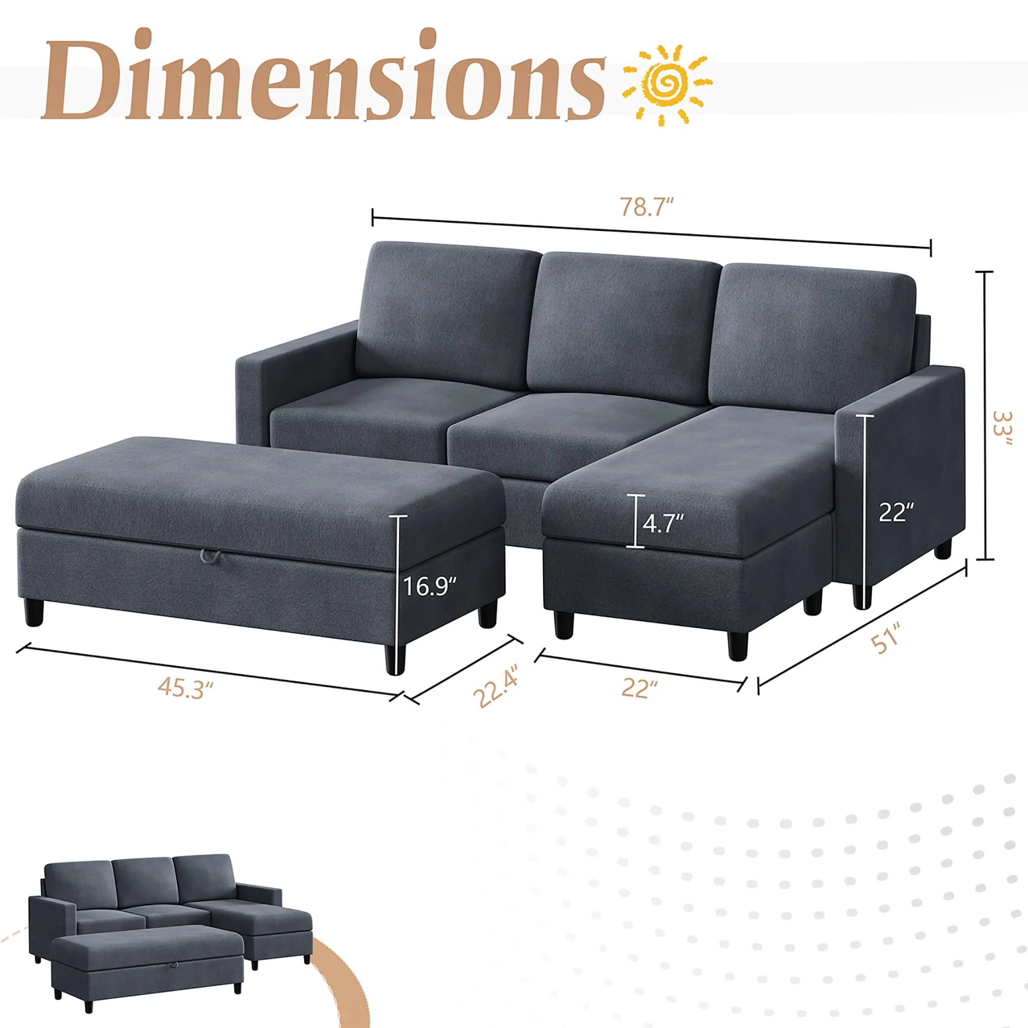 Walsunny Convertible Sectional L-Shaped Sofa with Modern Linen Fabric(Grayish Black) - Womvr