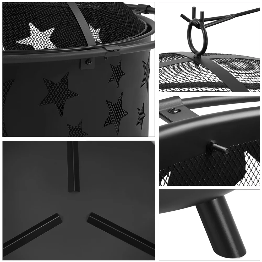 Alden Design Iron Fire Pit with Poker Mesh Cover for BBQ Backyard Patio, Black - Womvr