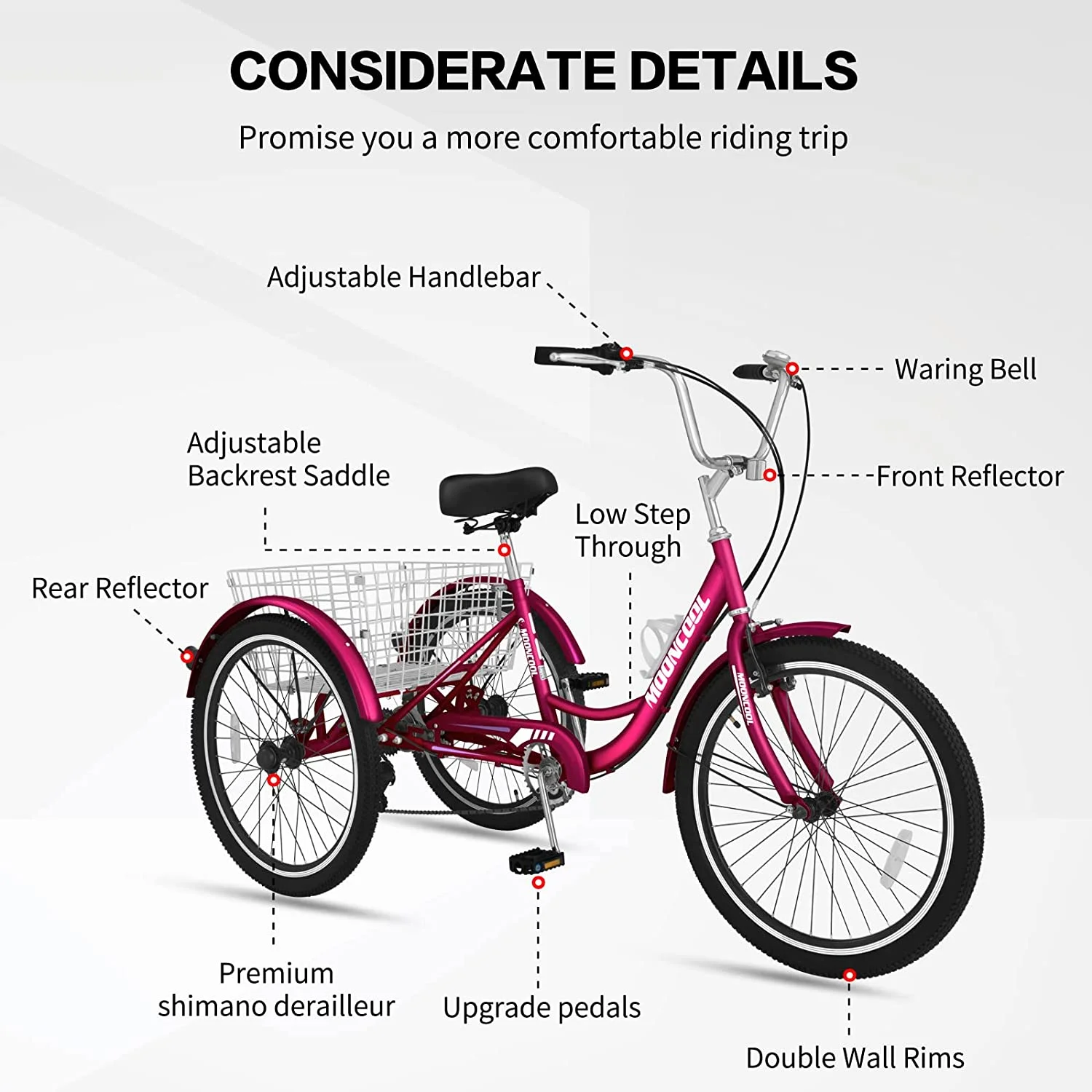 MOONCOOL Adult Tricycles, 3 Wheel 7 Speed Trikes, 20/24/26 inch Adult Trikes 3 Wheeled Bike with Basket for Seniors, Women, Men - Womvr