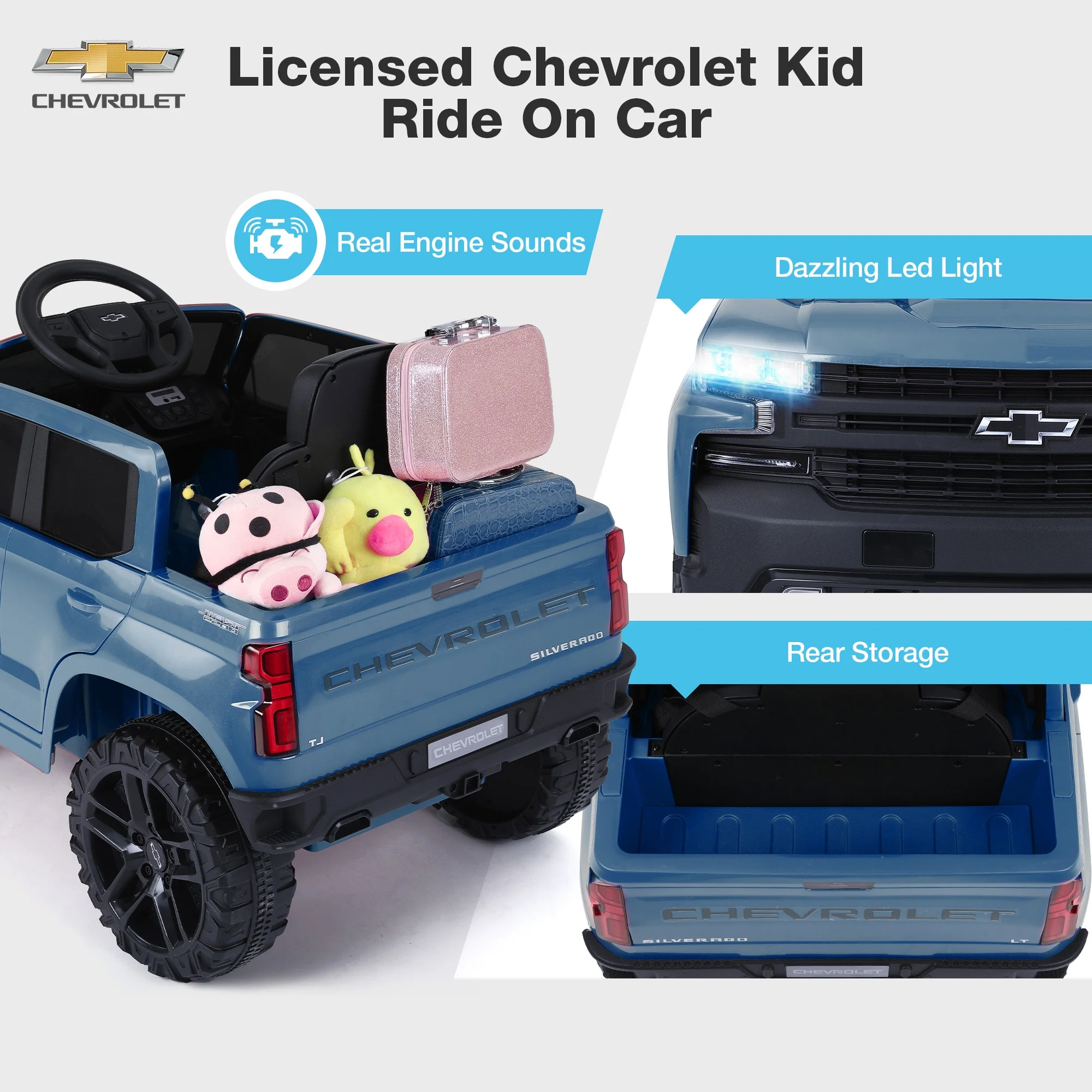 FUNTOK Licensed Chevrolet Silverado 12V Kids Electric Powered Ride on Toy Car with Remote Control & Music Player, Black - Womvr